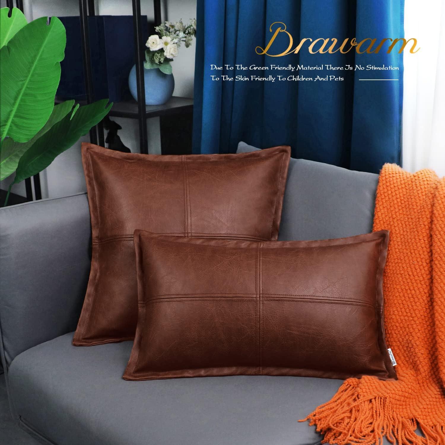 BRAWARM Dark Brown Leather Throw Pillow 12 X 20 Inches, Faux Leather Pillow Cover with Piping, Hand Stitched Leather Decorative Lumbar Throw Pillow Covers for Couch Sofa Bed Living Room Garden