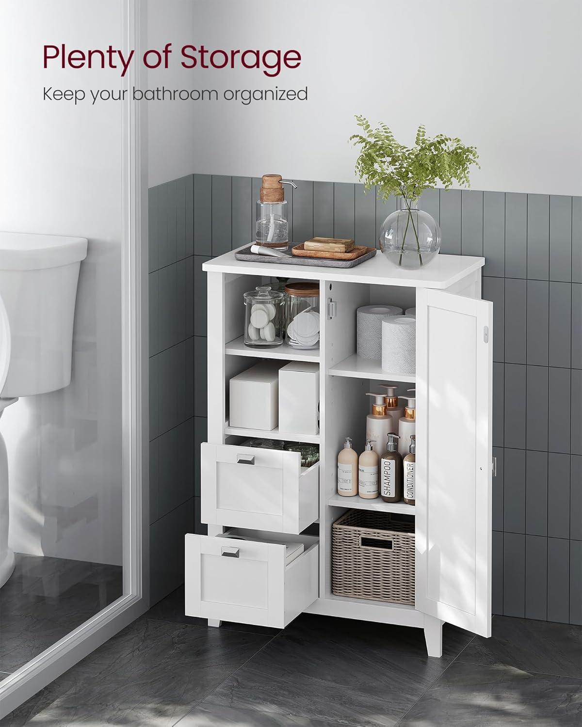 VASAGLE 2 Drawers Bathroom Floor Storage Cabinet, Bathroom Cabinet Freestanding,Kitchen Cabinet with Open Compartment Adjustable Shelves 11.8 x 21.7 x 31.5 Inches White