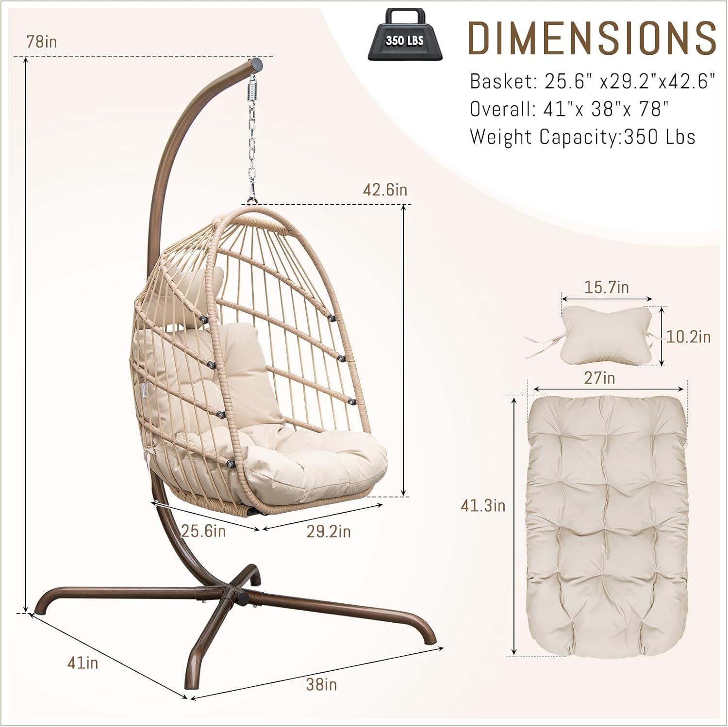 RADIATA Outdoor Foldable Hanging Egg Chair with Stand, PE Wicker Swing Chair with Cushion and Headrest, 350 lbs Capacity, Beige