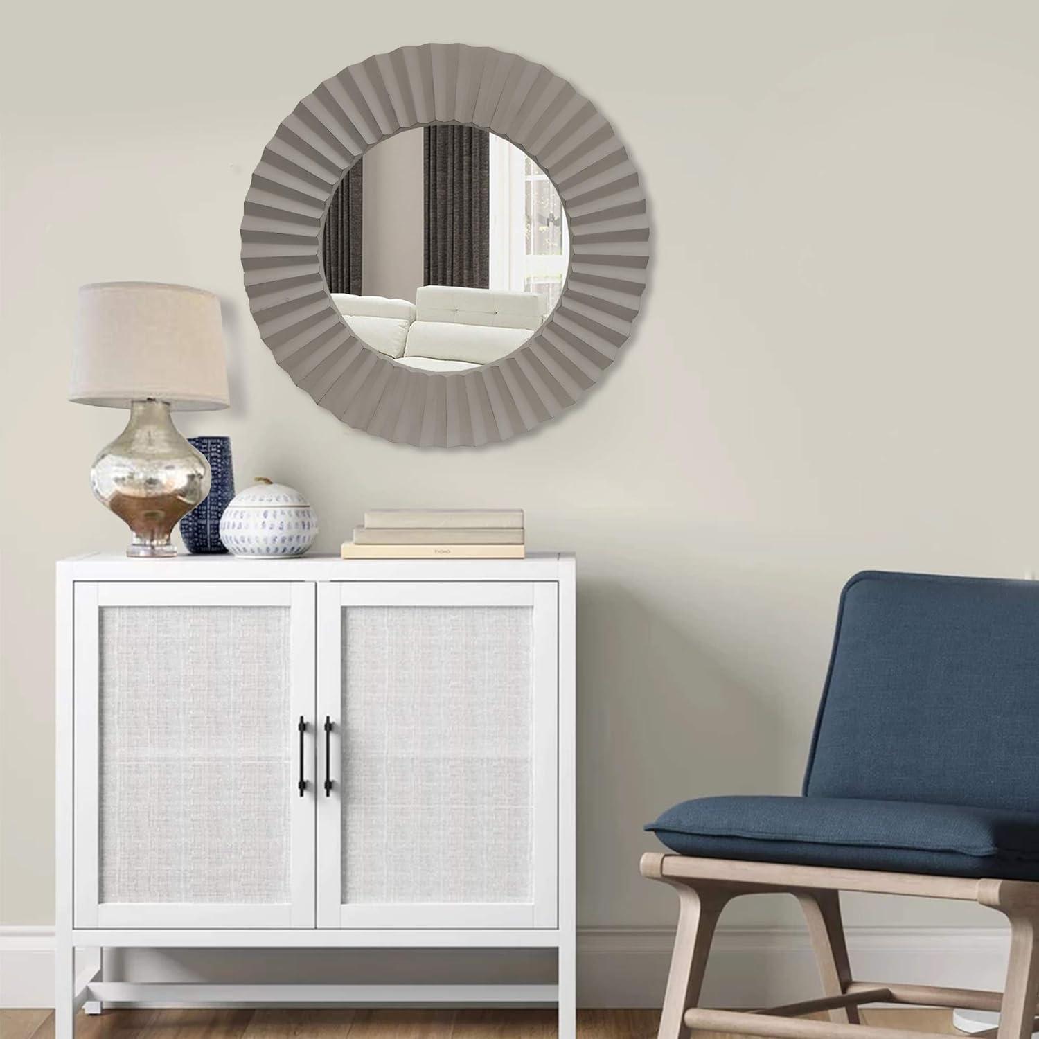 Elegant Gray 32" Round Beveled Corrugated Wooden Wall Mirror