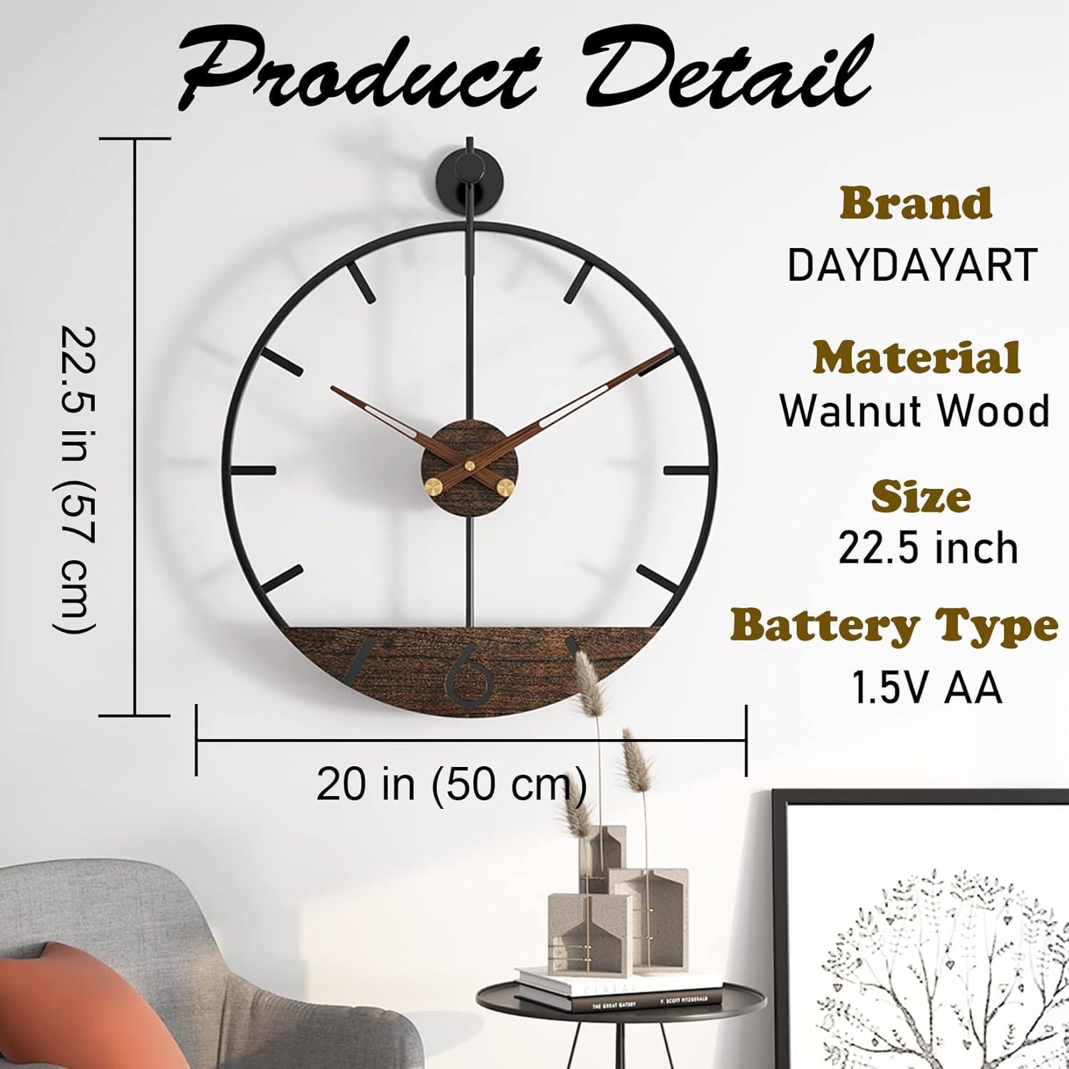 Modern Walnut and Metal Frame Silent 22.5" Wall Clock