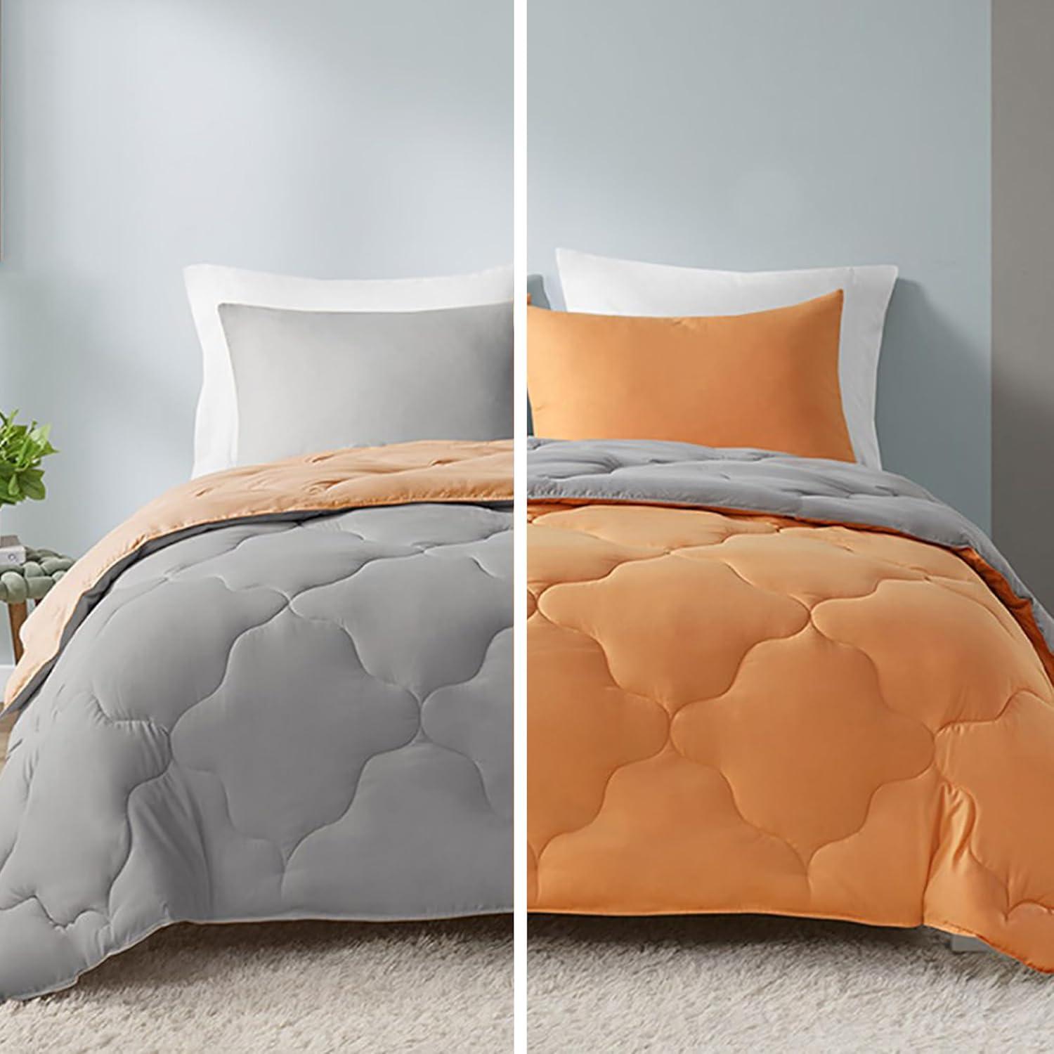 King Size Reversible Orange and Grey Microfiber Comforter Set