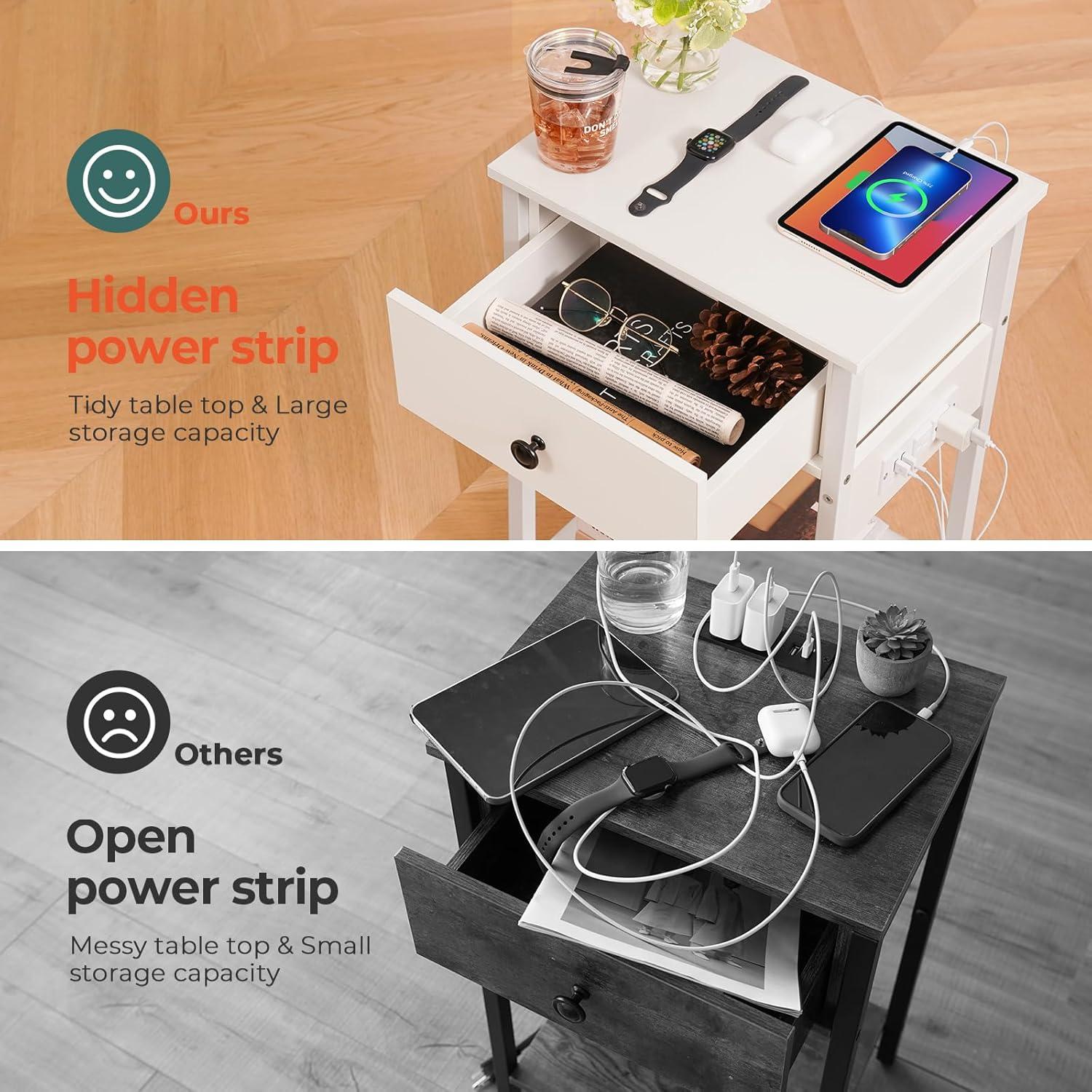 Yoobure Nightstand with Charging Station, Bedside Tables with Large Drawer and Storage Shelf, Bed Side Table/Night Stand with USB Ports & Outlets, Industrial Side Table End Table for Bedroom, White