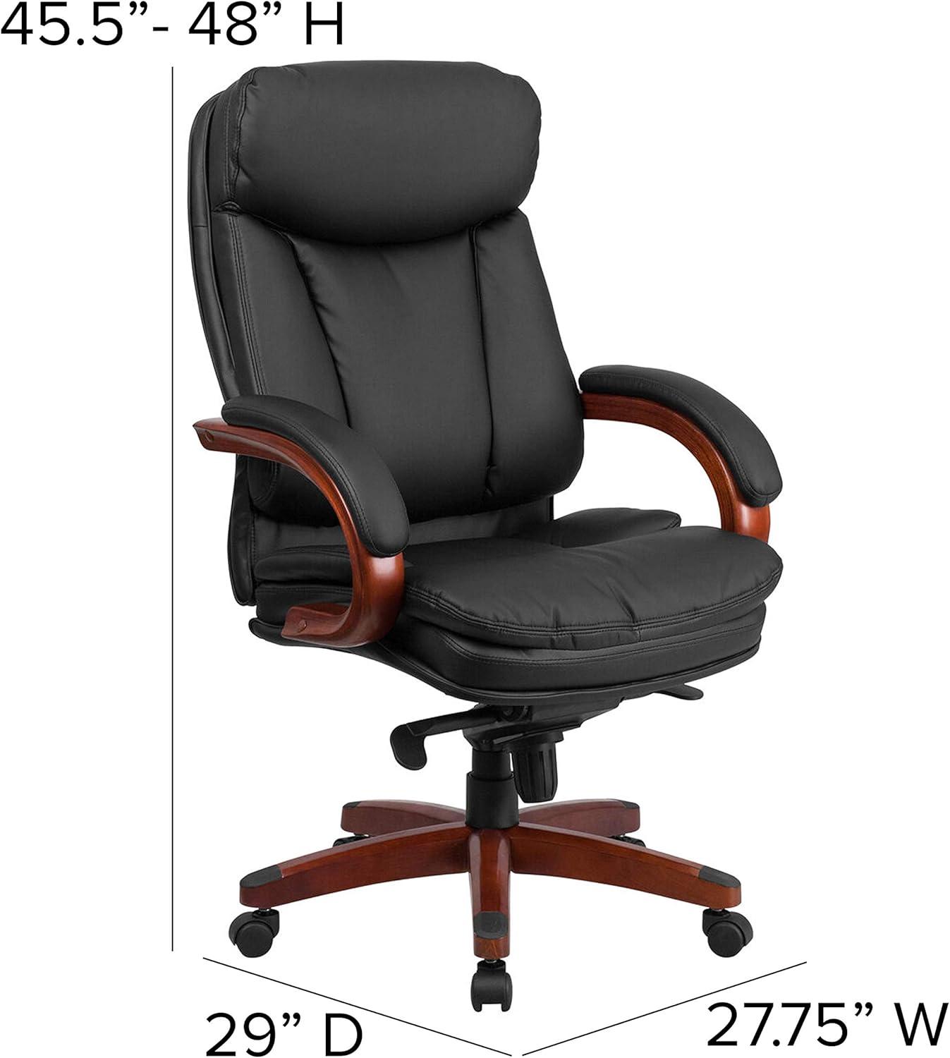 High Back Black Leather Executive Swivel Office Chair with Mahogany Wood Base