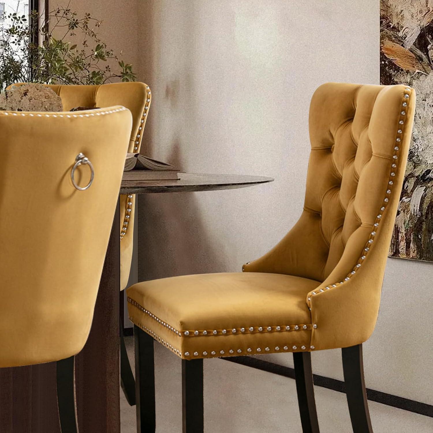 ODUSE-DAILY Yellow Velvet Dining Chairs Set of 4, Kitchen & Dining Room Chairs, Sillas De Comedor, Nailheads Tufted, Fabric Upholstered, Solid Wood (Gold, 4 Pcs)