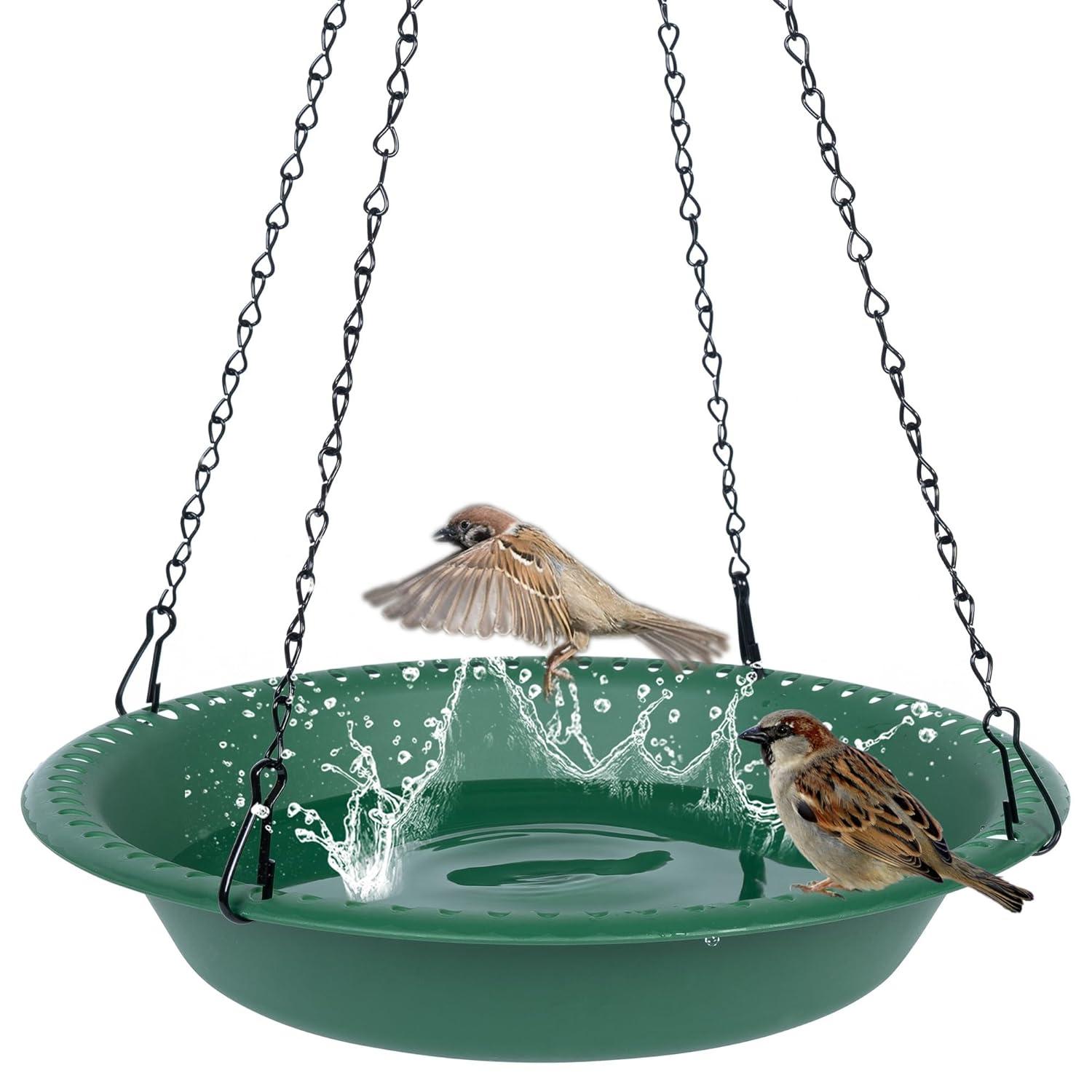 Bird Baths for Outdoors Heavy Duty, 16 inch BirdBath Bowl Only with 25” Rust-Proof Black Chains, Hanging Bird Bath Hanging Bird-Feeder for Garden Backyard Decor (Green 1 Pack)