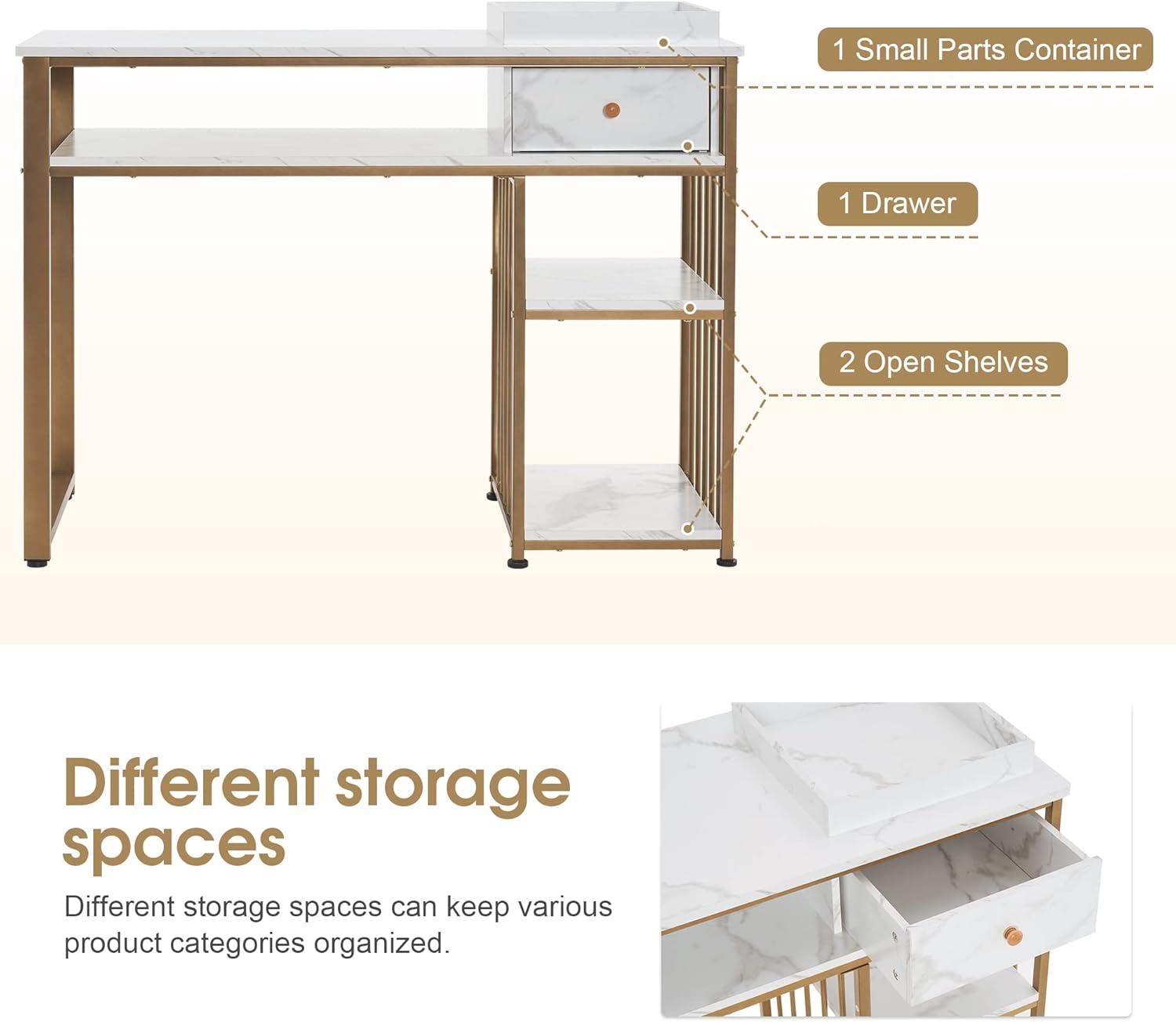 BarberPub Makeup Vanity Desk with Storage, Manicure Table with Metal Frame, Faux Marble Top