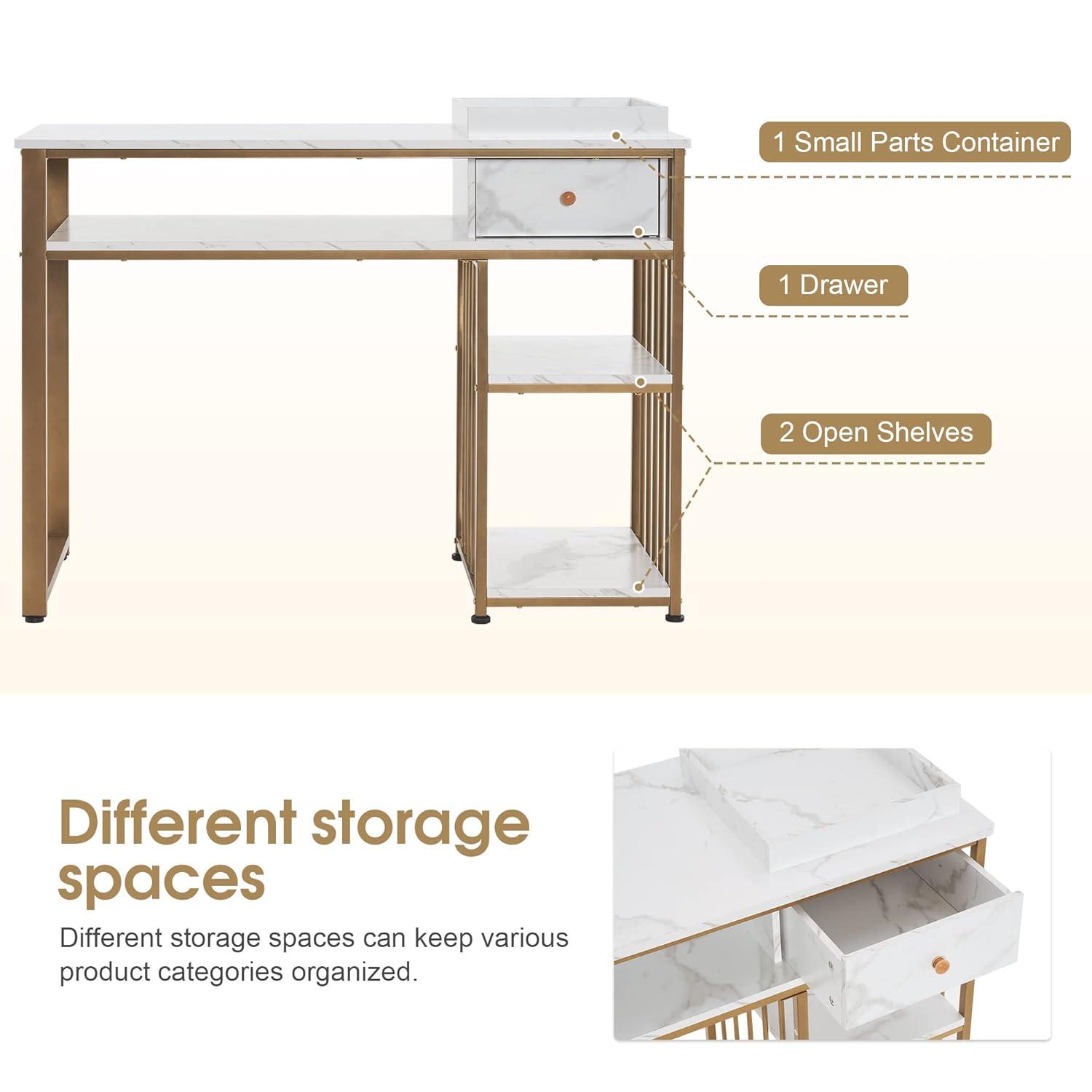 BarberPub Makeup Vanity Desk with Storage, Manicure Table with Metal Frame, Faux Marble Top