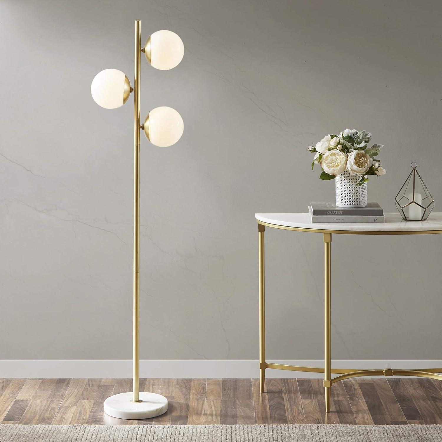 Holloway 62" White and Gold 3-Globe Marble Base Floor Lamp