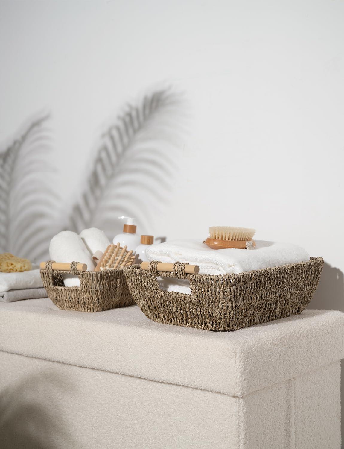 Hand-Woven Natural Seagrass Rectangular Storage Baskets with Wooden Handles