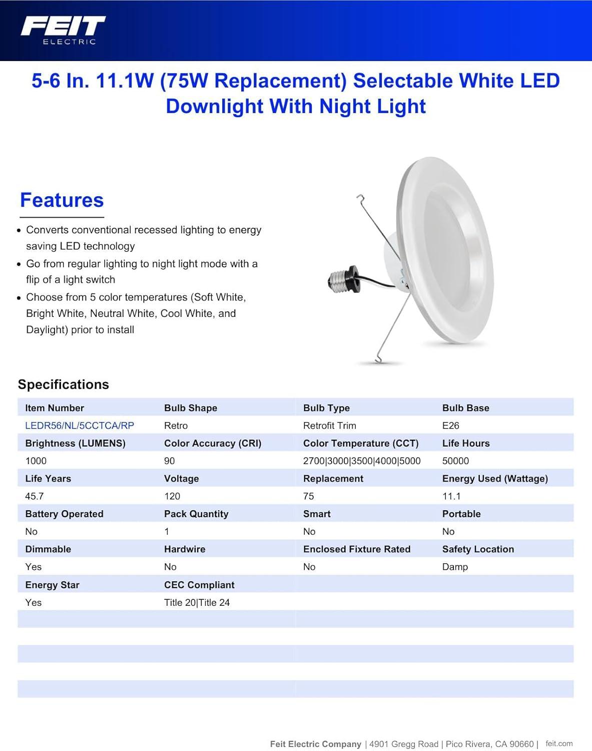 Feit Electric 5-6 in LED 11.1 Watt (75W Equiv) Color Select  Down Nite Light Mode, E26 Adapter, Dim