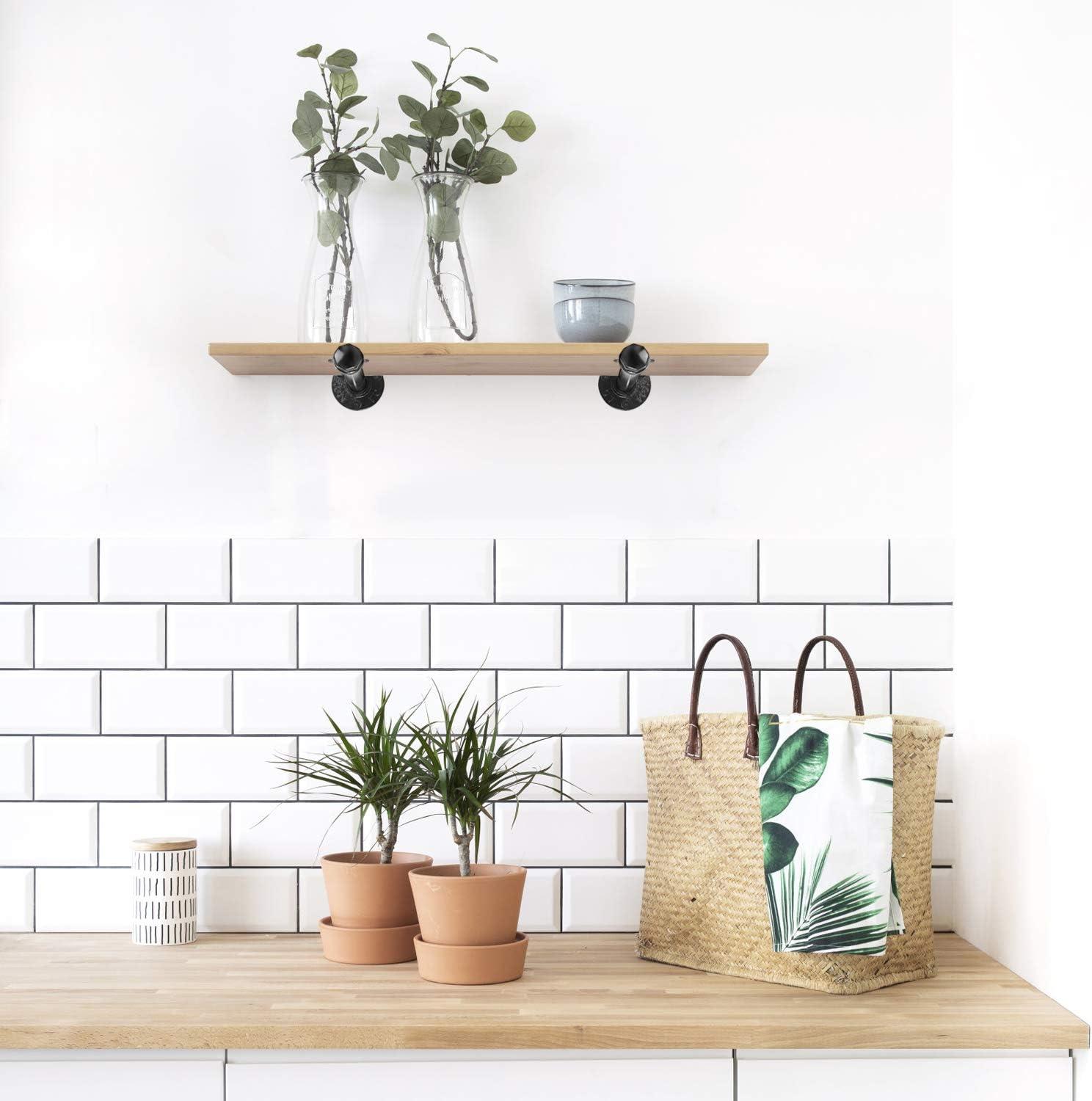 1/2" Industrial Black Iron Pipe Shelf Brackets, Rustic Wall Mounted DIY Shelving Brackets Hanging Custom Pipe Brackets for Floating Shelves (4, 6")