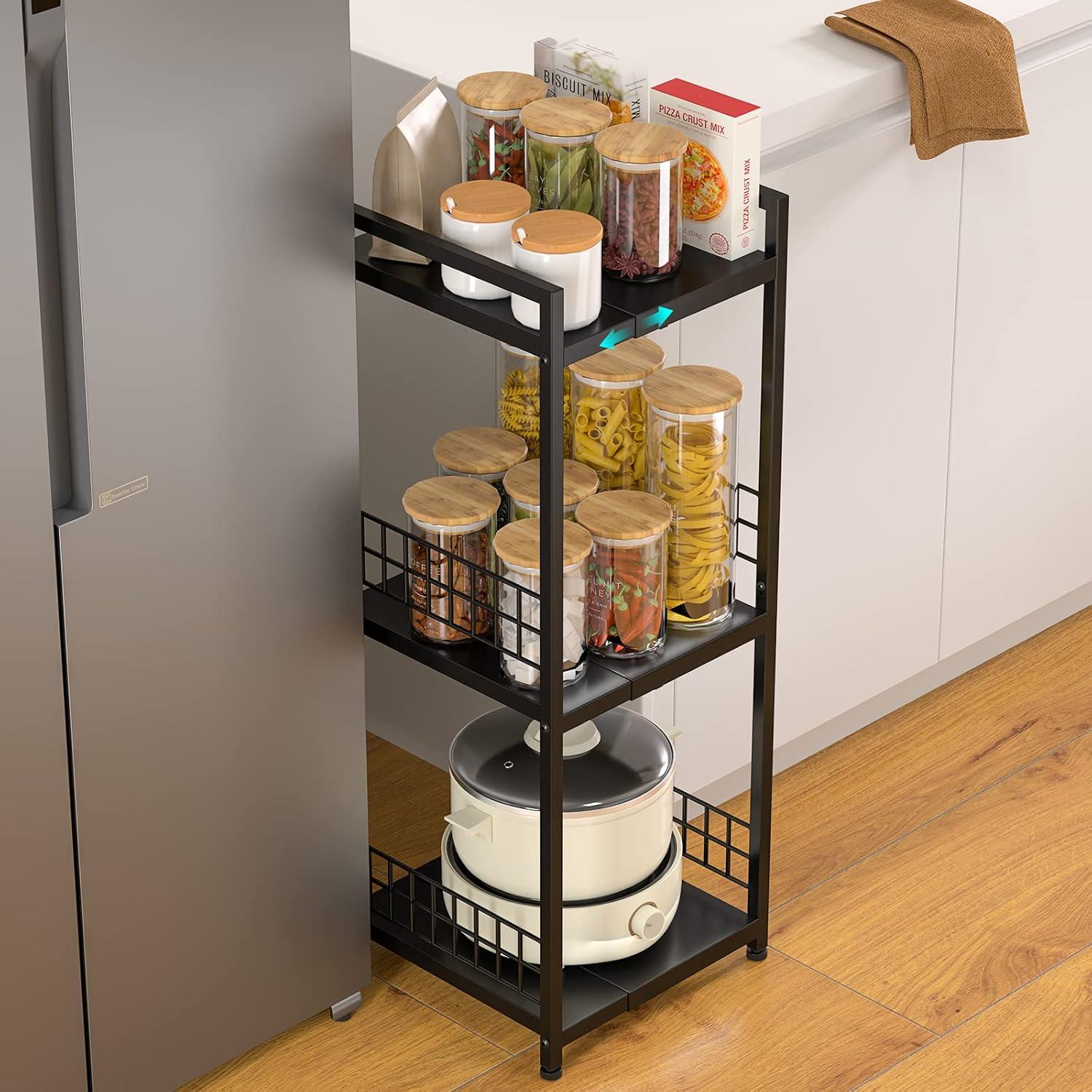 3-Tier Metal Shelving Unit, Expandable, Free-Standing, Narrow, Open Floor Shelves, Ideal for Bathroom, Kitchen, Laundry, Storage, Organization