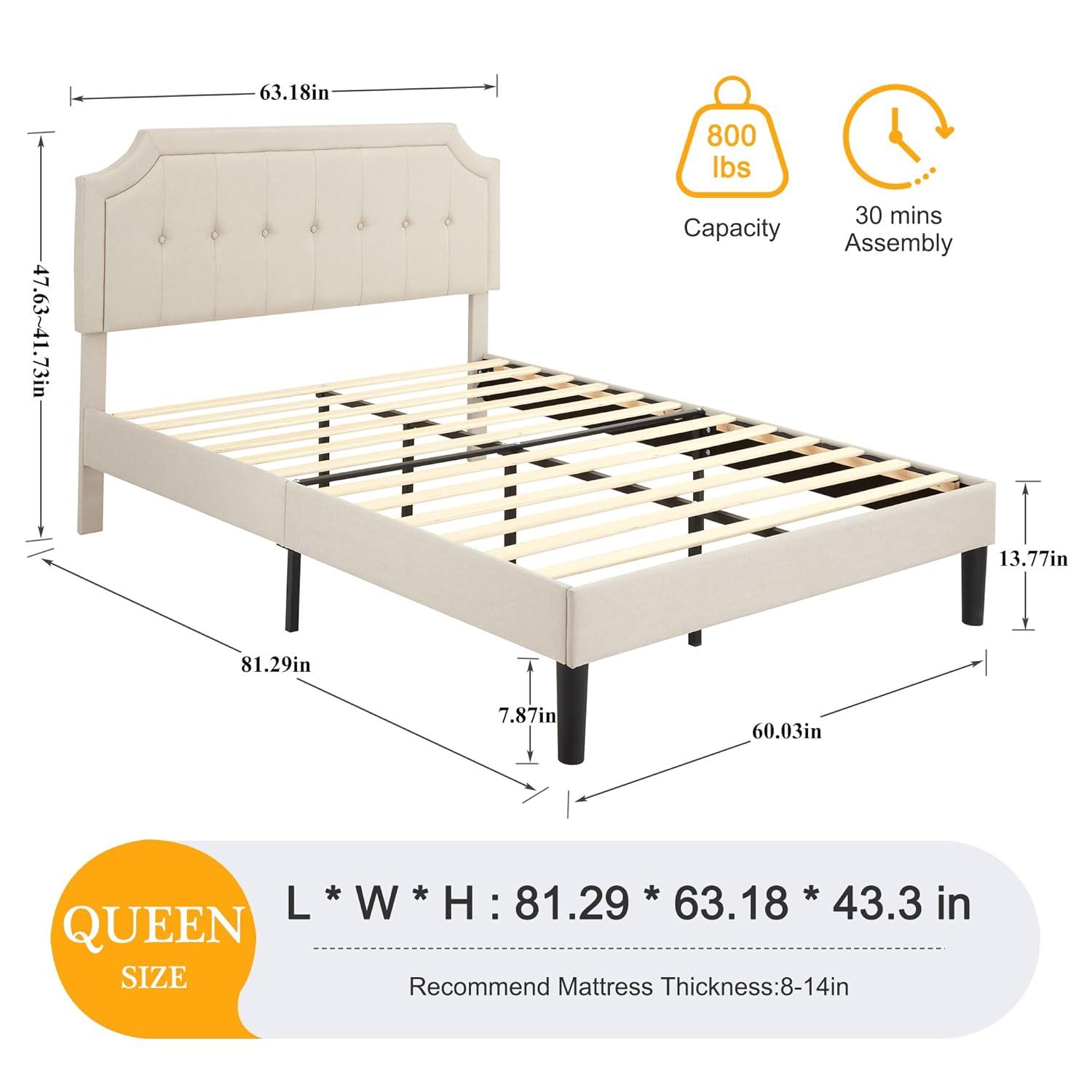 VECELO Queen Size Platform Bed Frame with Fabric Upholstered Headboard and Wooden Slats Support, No Box Spring Needed/Easy Assembly,Beige