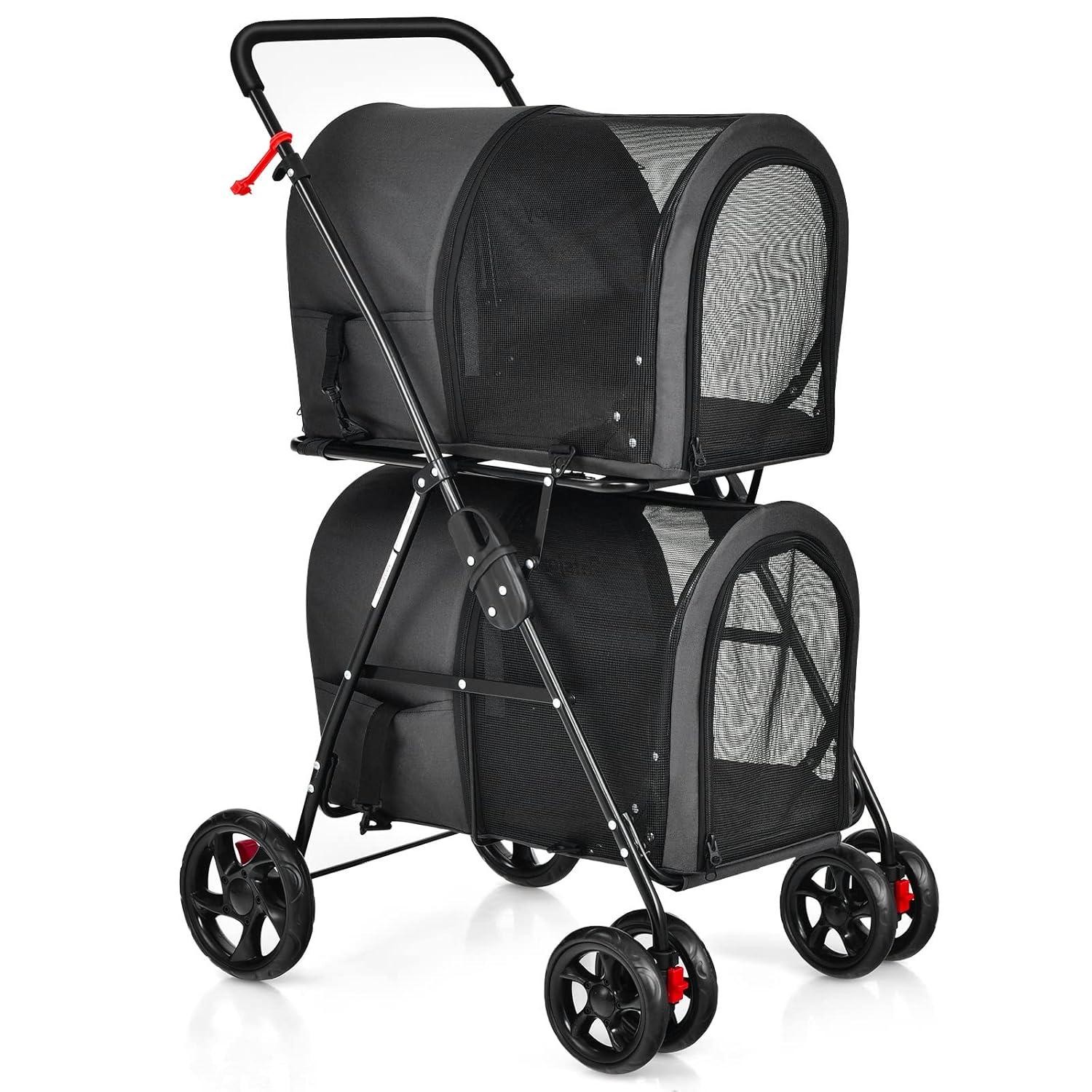 Tangkula Double Pet Stroller with 2 Detachable Carrier Bags Safety Belt 4 Lockable Wheels Cat Stroller Travel Carrier Strolling Cart Folding Black