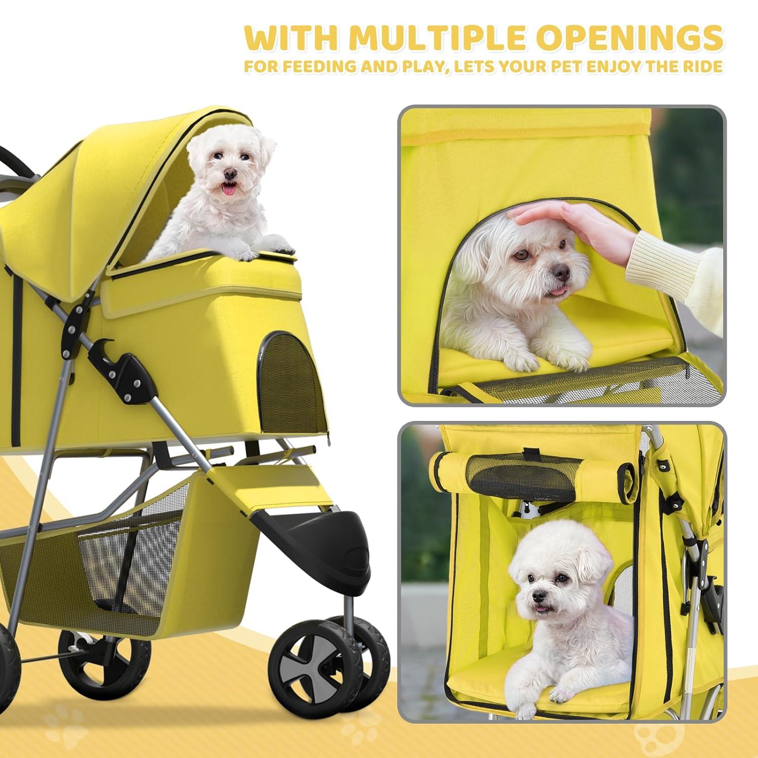 Zengpin 3-Wheel Pet Stroller, Foldable Travel Jogger for Small & Medium Dogs & Cats (Up to 33lbs), Lightweight Carrier with Breathable Mesh Cover, Cup Holder & Storage Basket, Yellow