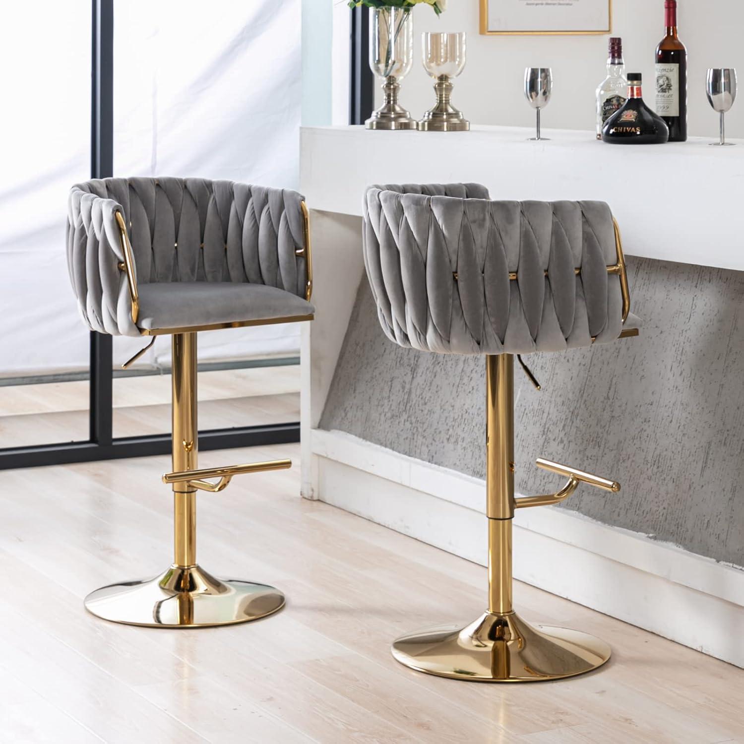 Velvet Bar Stools Set of 2, Counter Height Bar Stools with Low Back, Gold Swivel Barstools for Kitchen Island, Bar Pub (Grey)