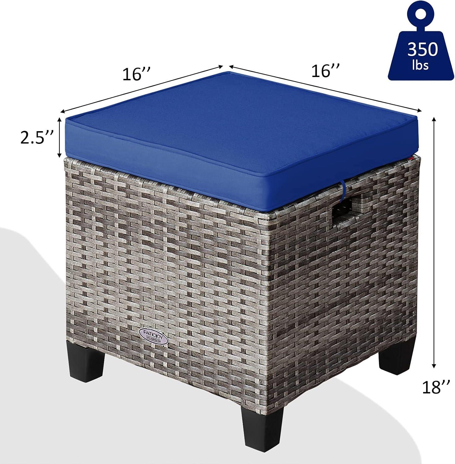 Navy Cushioned Outdoor Rattan Ottomans with Black Legs