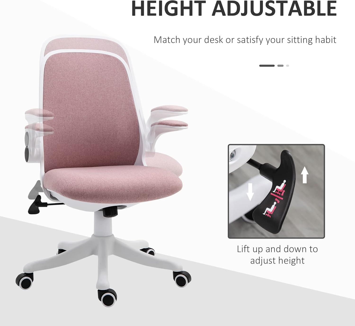 Vinsetto Linen-Touch Fabric Office Chair Swivel Task Chair with Adjustable Lumbar Support, Height and Flip-up Arms, Pink