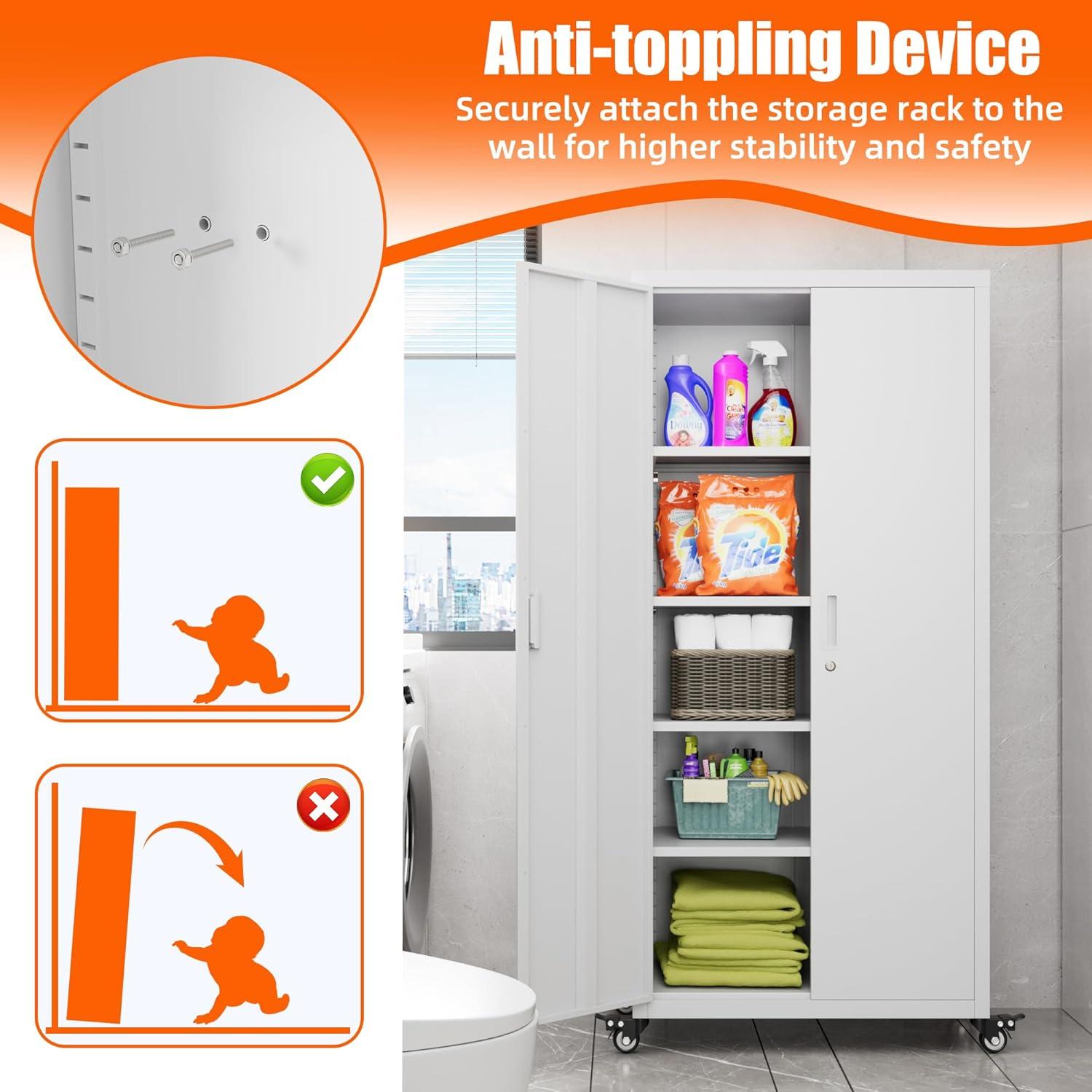 Aobabo Metal Storage Cabinet with Wheels & Pegboards,Office Storage Cabinet with Lock & Shelves,72'' H Steel Garage Cabinet for Office Home Storage,White Required-Assembly