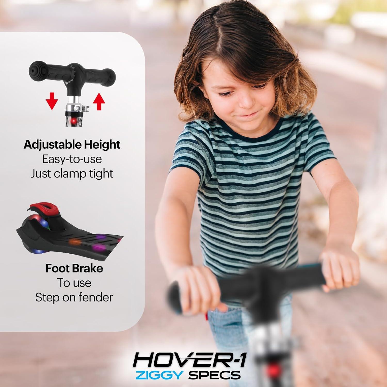 Hover-1 KidsGear Ziggy Folding Kick Scooter, Black, LED Lights, Safe For Kids, 3 Wheels