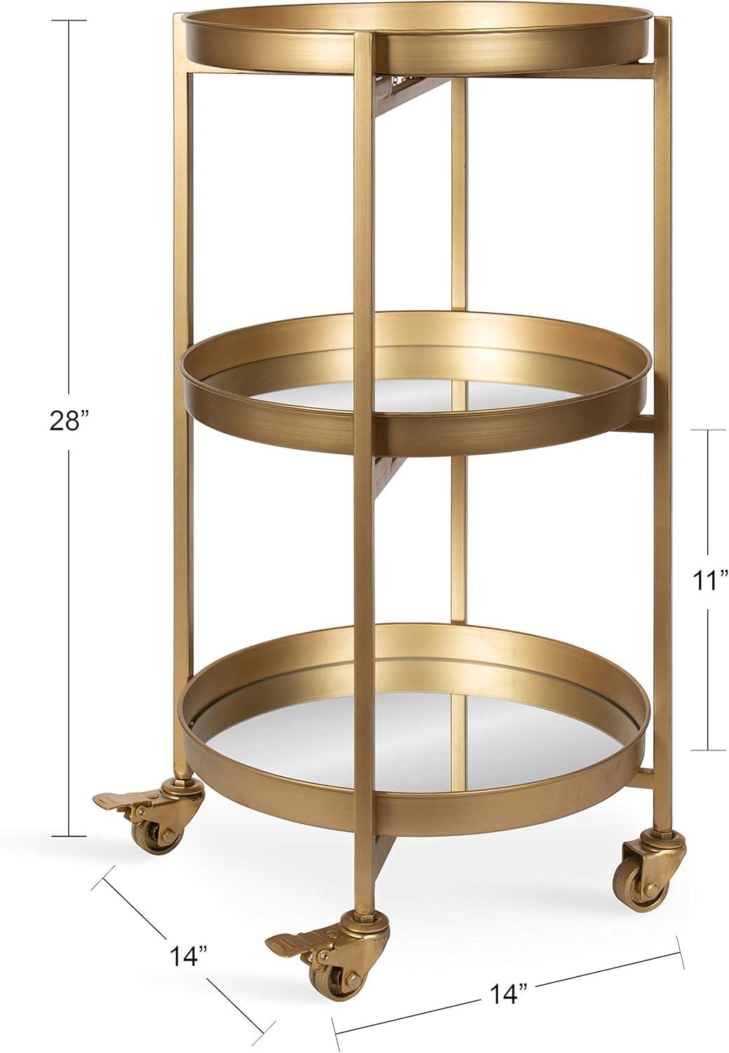 Celia Gold Finish 3-Tier Round Metal Bar Cart with Mirror Trays