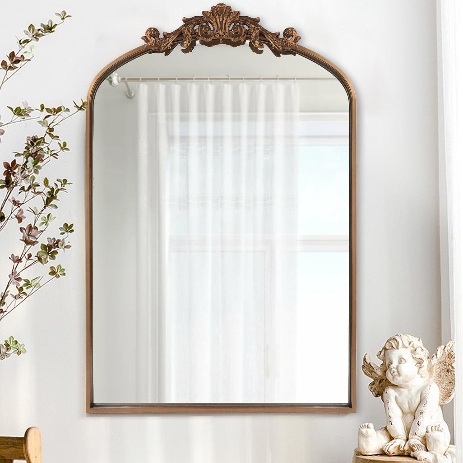 BohoBliss 24"X36" Gold Vintage Mirror for Wall, Antique Arch Mirror, Victorian Ornate Baroque Mirror for Wall, Mantel, Fireplace, Living Room, Hallway, Bathroom, Bedroom, Entryway