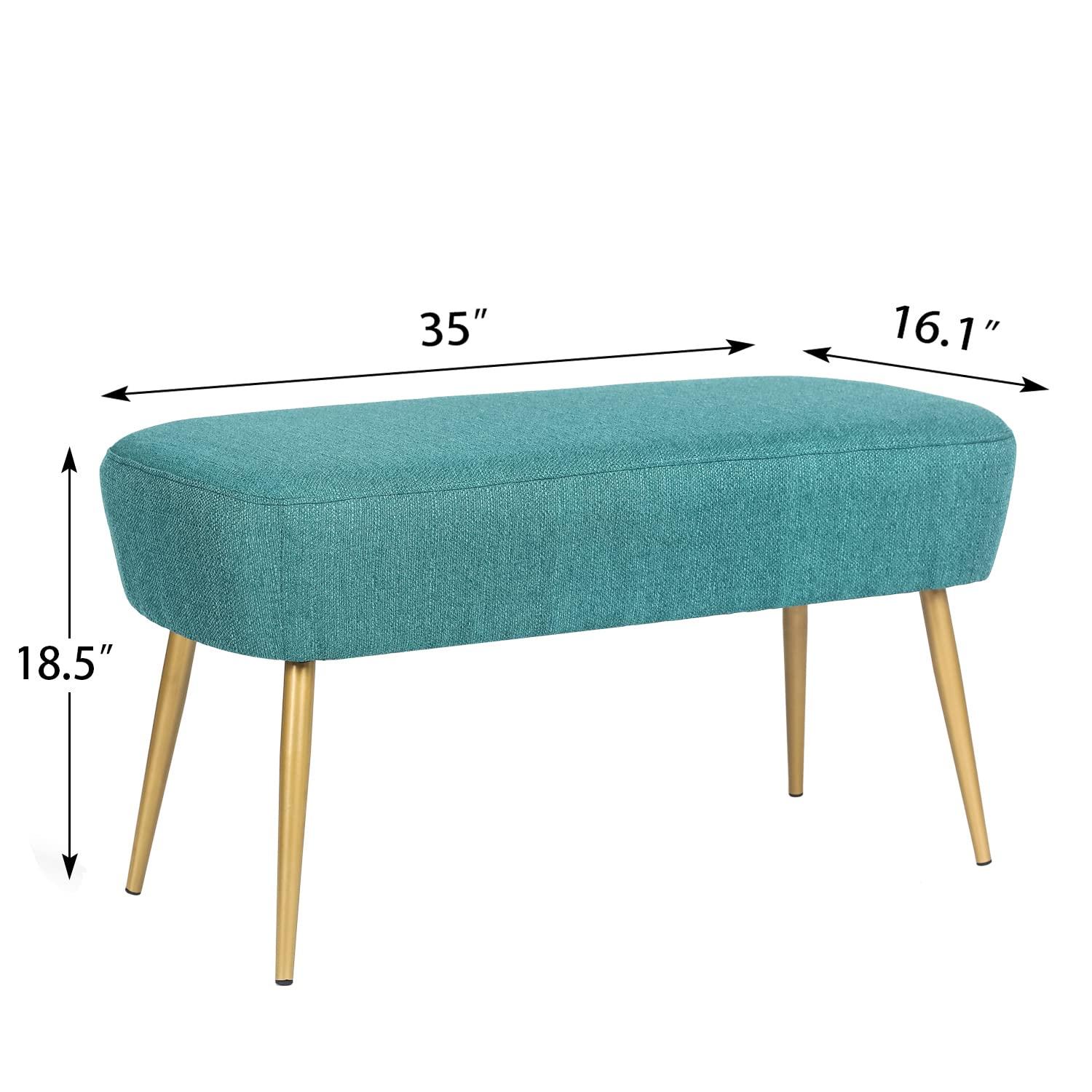 Adeco Upholstered Line PeacockGgreen Ottoman, 35 inch, End of Bed Footrest Stool with Golden Metal Legs for Bedroom, Living Room Entryway Bench, Peacock Green (KX0167-6)