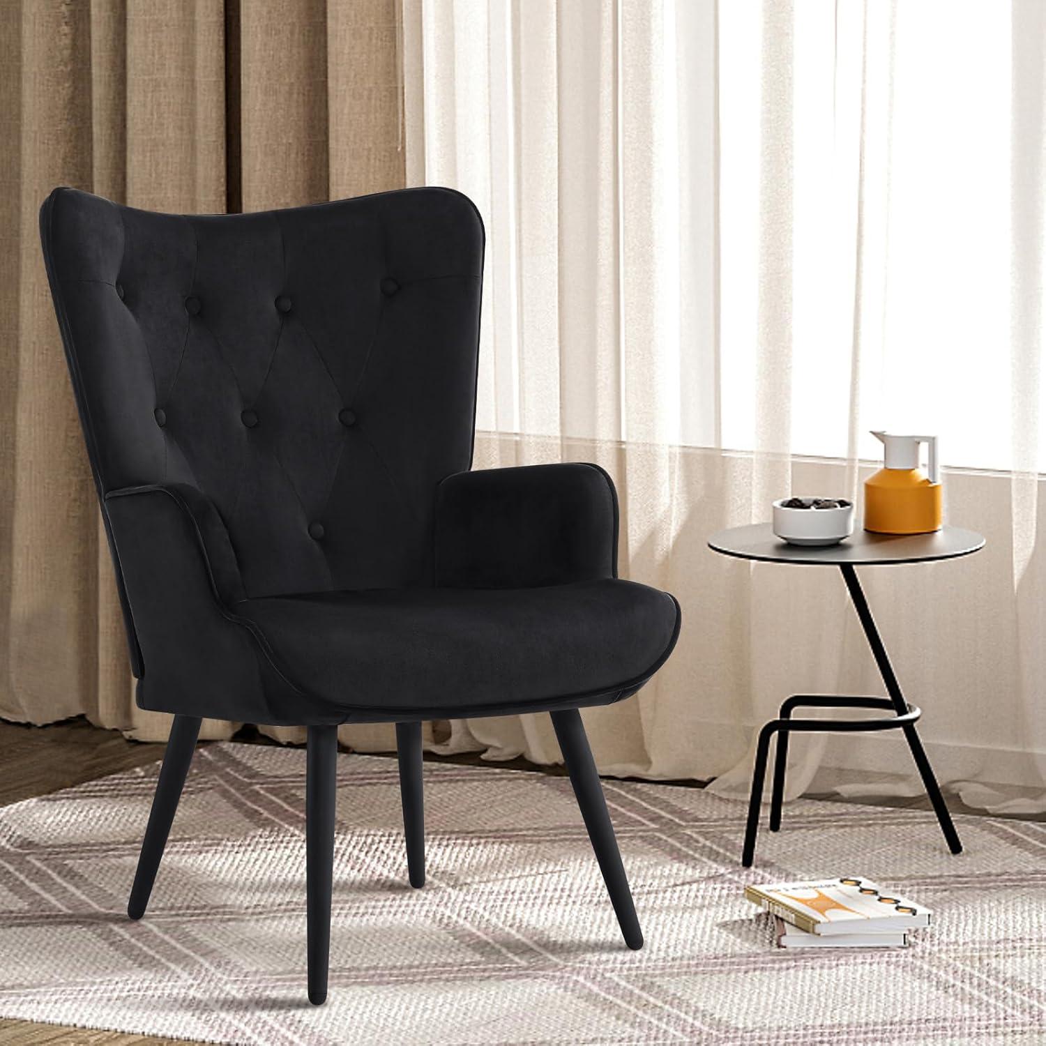 Black Velvet Wingback Accent Chair with Wood Legs