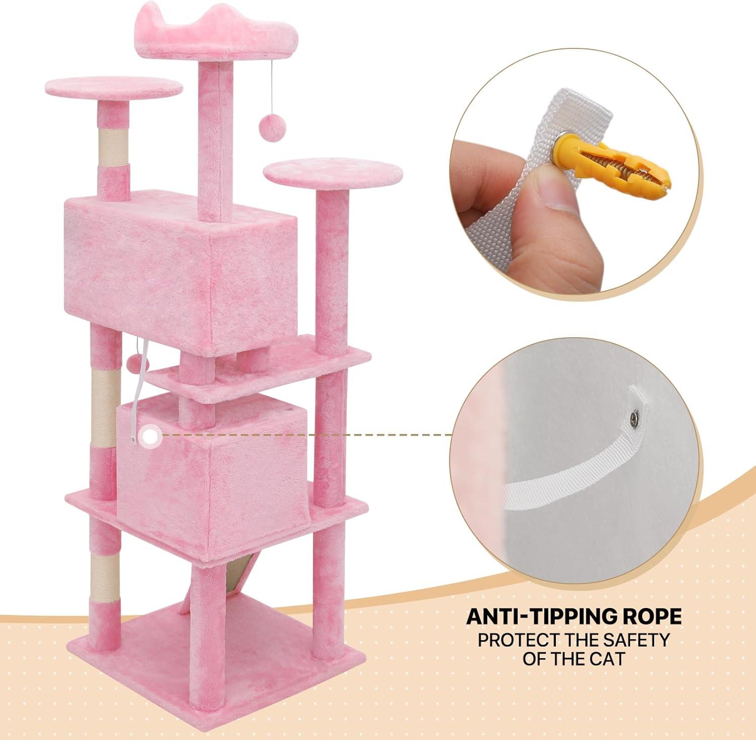 MoNiBloom Cat Tree House for Large Cats, Multi-Level Cat Tree Tower with Anti-Tipping Rope, Soft Pink