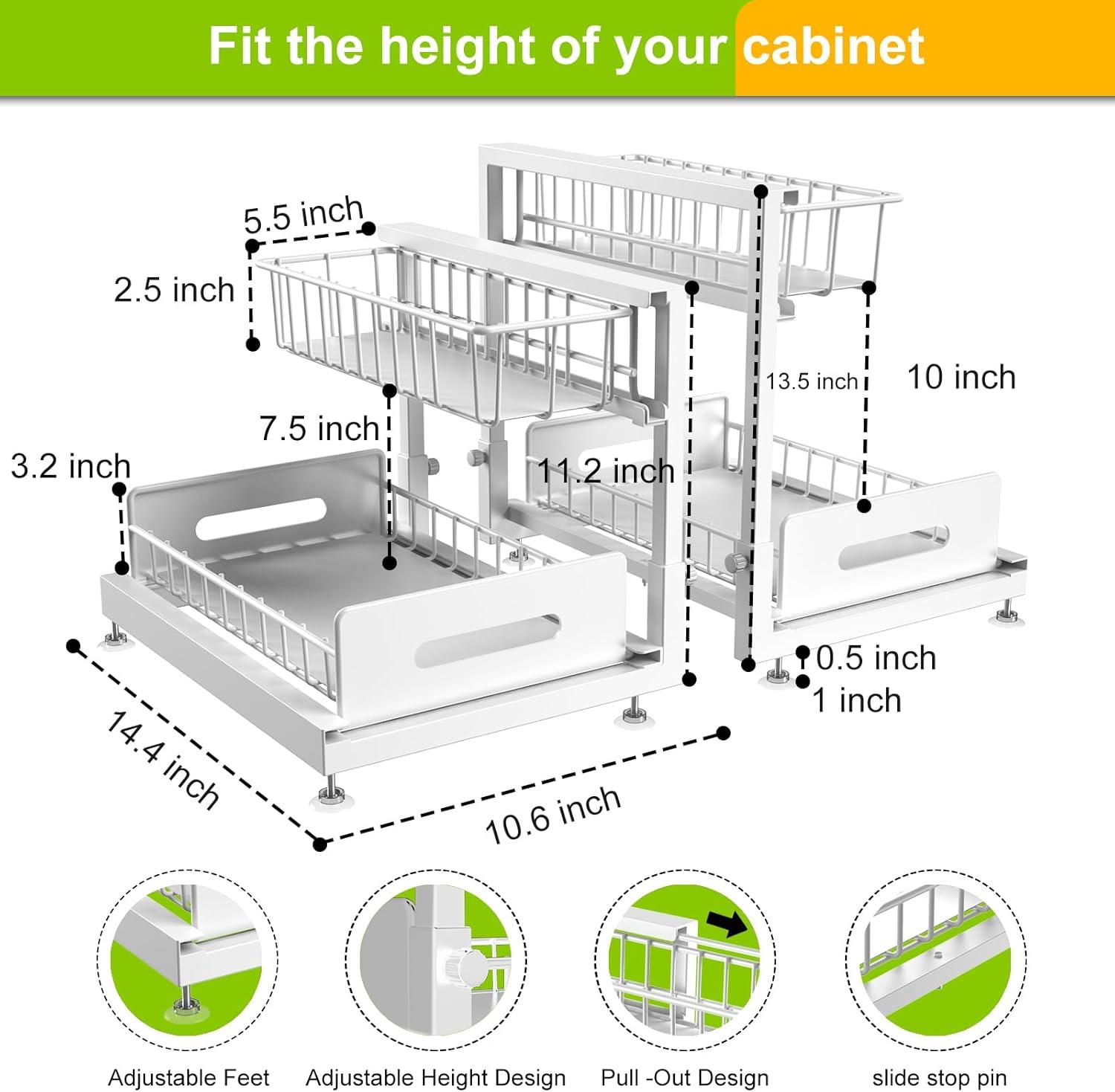 Sink Organizer, 2 Pack 2 Tier Sink Organizer and Storage, Slide-Out Pull-Out Cabinet Organizer, Sliding Metal Drawer for Home Kitchen, Bathroom, Pantry