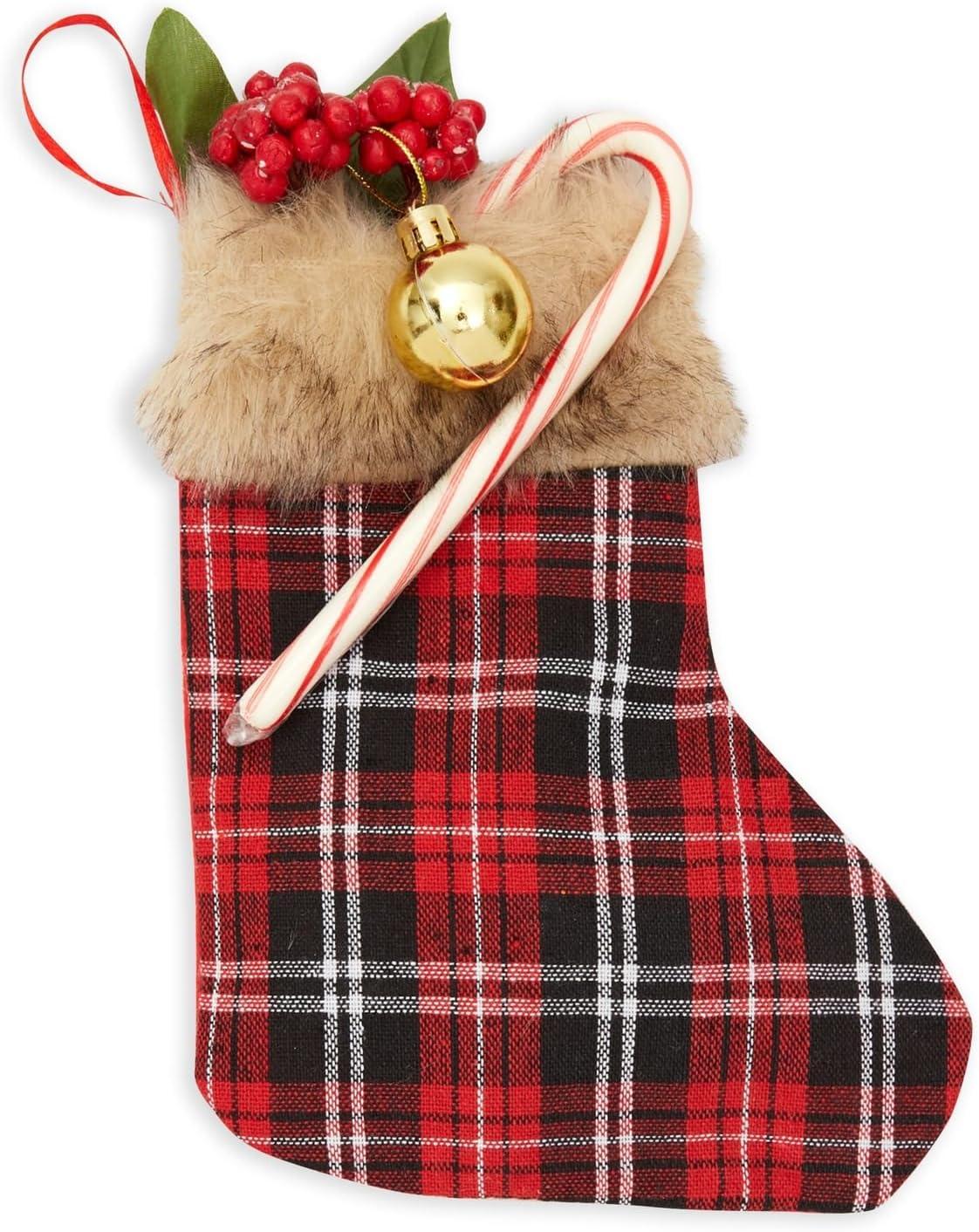 Okuna Outpost 12 Pack Mini Christmas Stockings, Red Buffalo Plaid Holiday Decor (6 x 8 in)