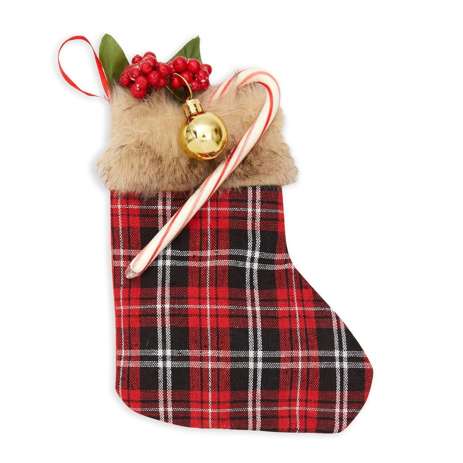 Okuna Outpost 12 Pack Mini Christmas Stockings, Red Buffalo Plaid Holiday Decor (6 x 8 in)