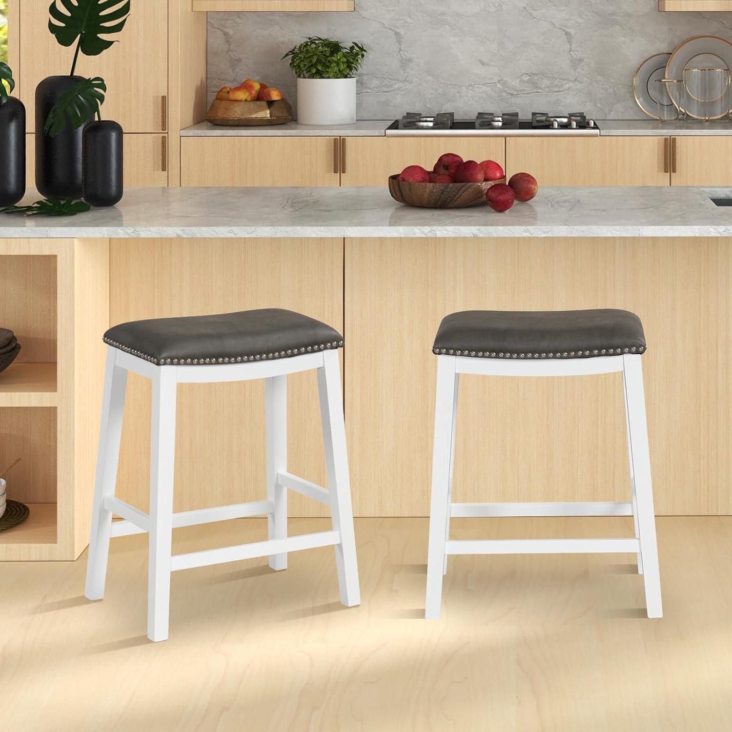 Costway 26-Inch Bar Stool Set of 2 Counter Height Saddle Stools with Upholstered Seat Gray