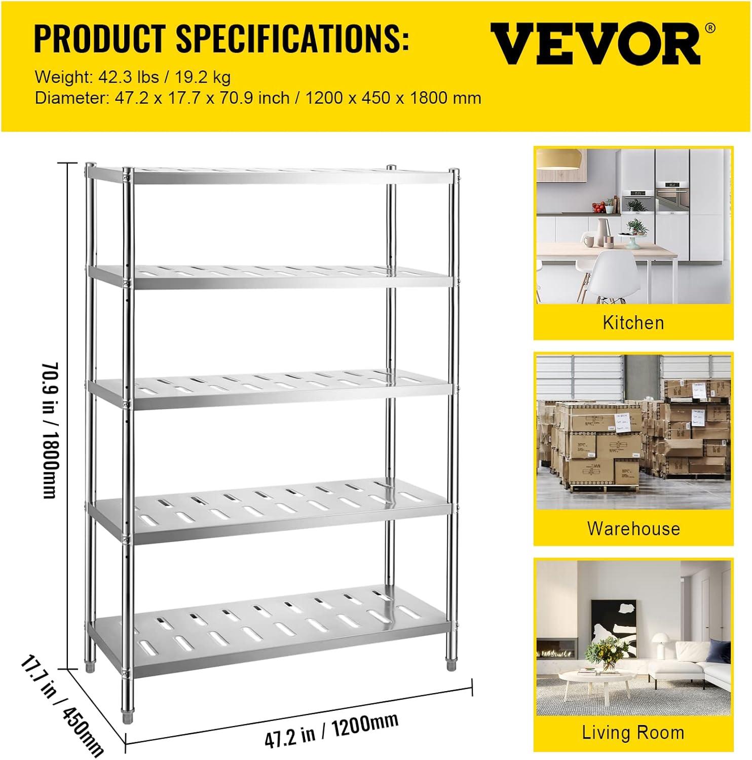 VEVOR Storage Shelf, 5-Tier Storage Shelving Unit, Stainless Steel Garage Shelf, 59.1 x 17.7 x 70.9 inch Heavy Duty Storage Shelving, 661 Lbs Total Capacity with Adjustable Height and Vent Holes