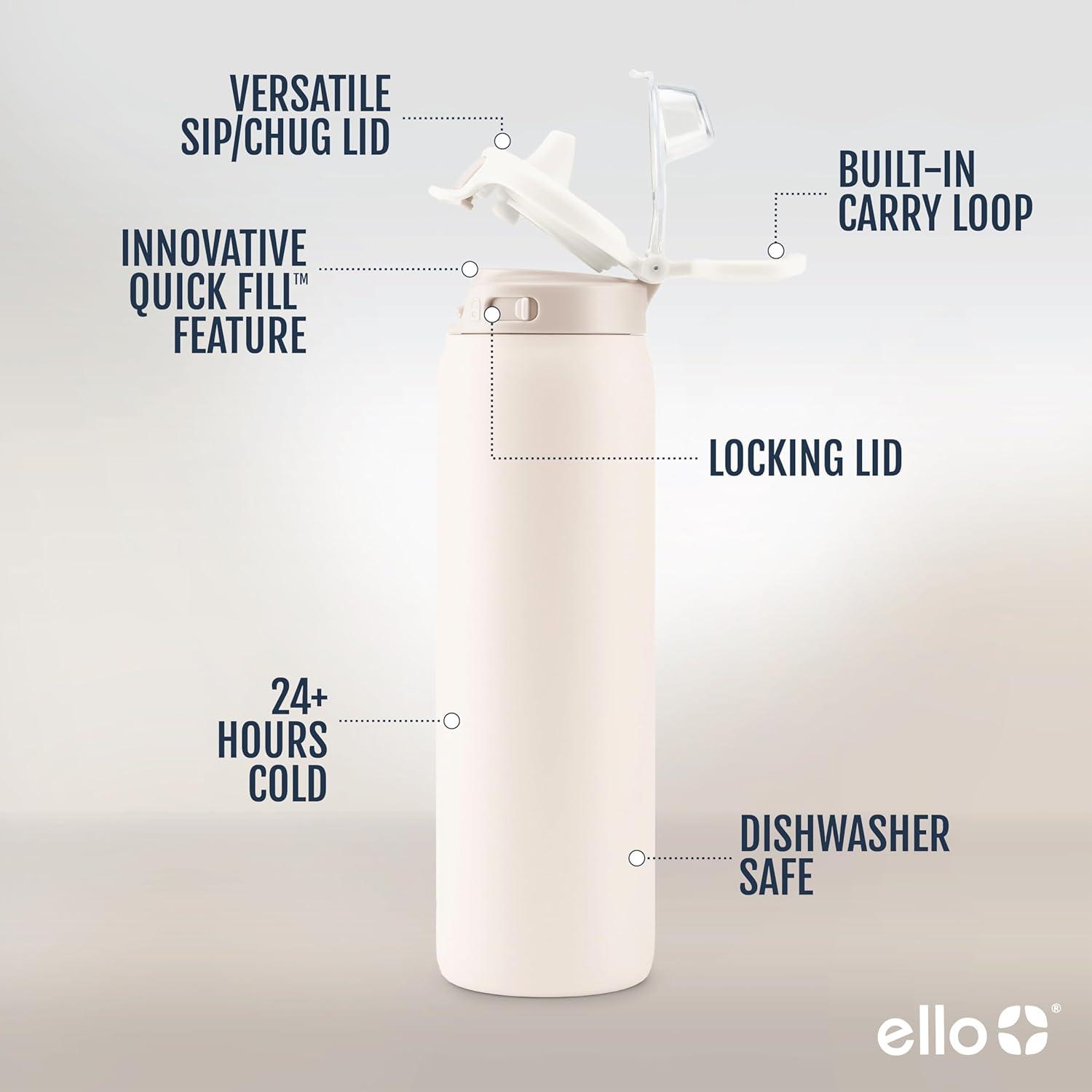 Ello Pop & Fill Stainless Steel Water Bottle with Quick Fill Technology, Double Walled Vacuum Insulated Metal, Leak Proof Locking Lid, Sip & Chug, BPA Free, Holiday Gift, 22oz, Cream