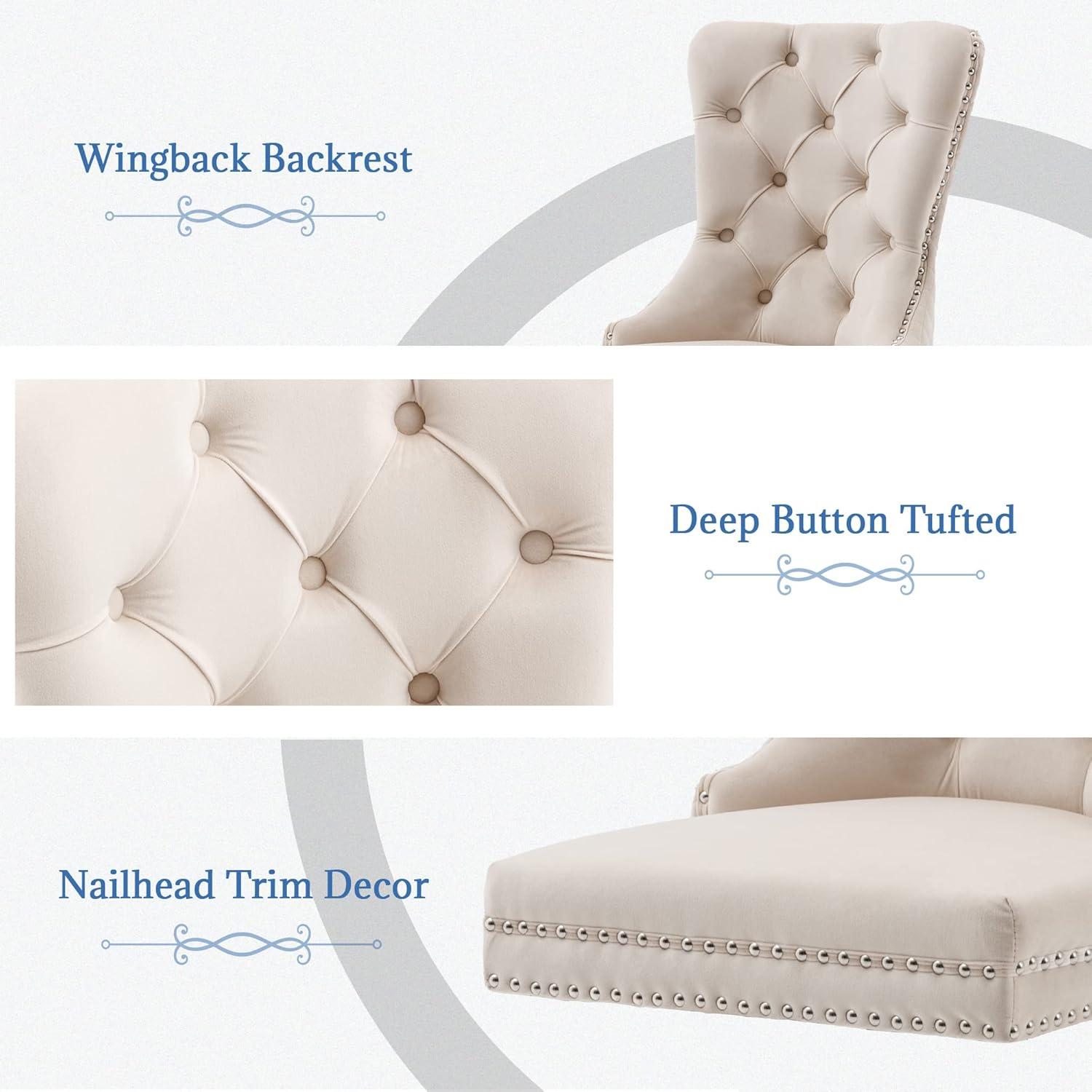 SoarFlash Velvet Dining Chairs Set of 4, Tall Back Side Chair, Modern Upholstered High-end Tufted Side Chair with Button Back Ring, Solid Wood Legs (Beige)