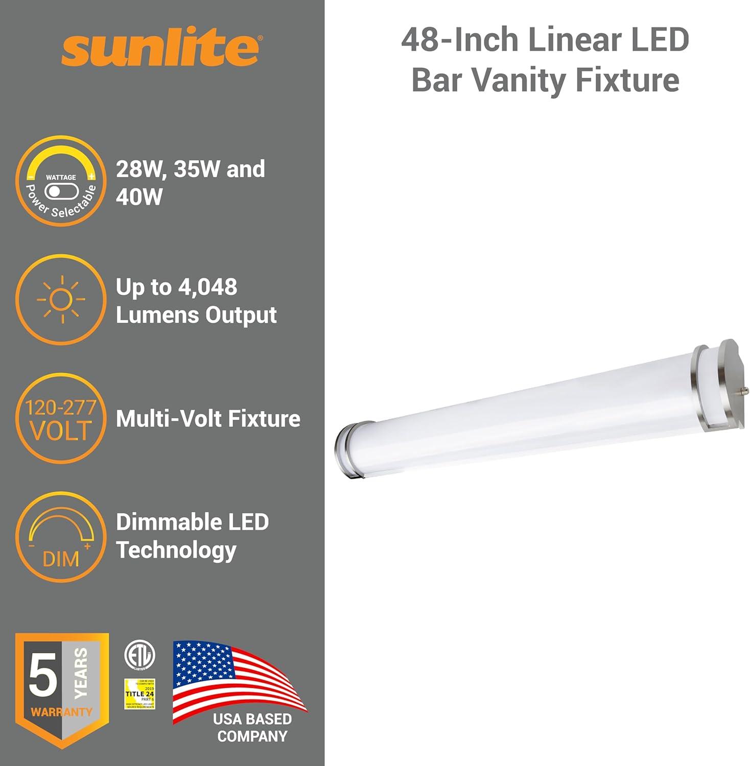 Sunlite 48-Inch Linear LED Bar Vanity Fixture, Power Selectable 28W/35W/40W, 100-277V, 4048 Lumens, Color Selectable 30K/40K/50K, 90 CRI, Dimmable, ETL Listed, Title-24 Compliant