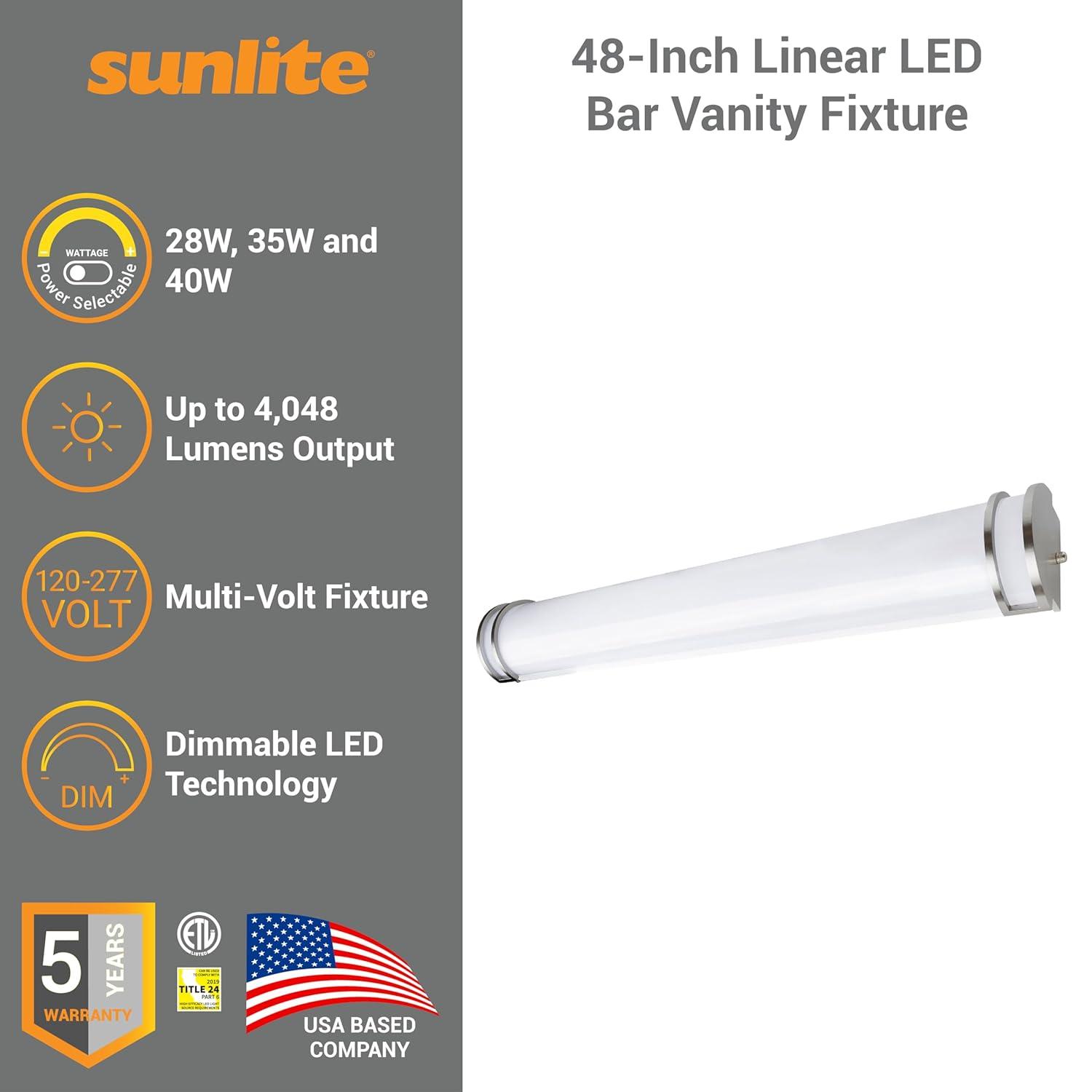 Sunlite 48-Inch Linear LED Bar Vanity Fixture, Power Selectable 28W/35W/40W, 100-277V, 4048 Lumens, Color Selectable 30K/40K/50K, 90 CRI, Dimmable, ETL Listed, Title-24 Compliant