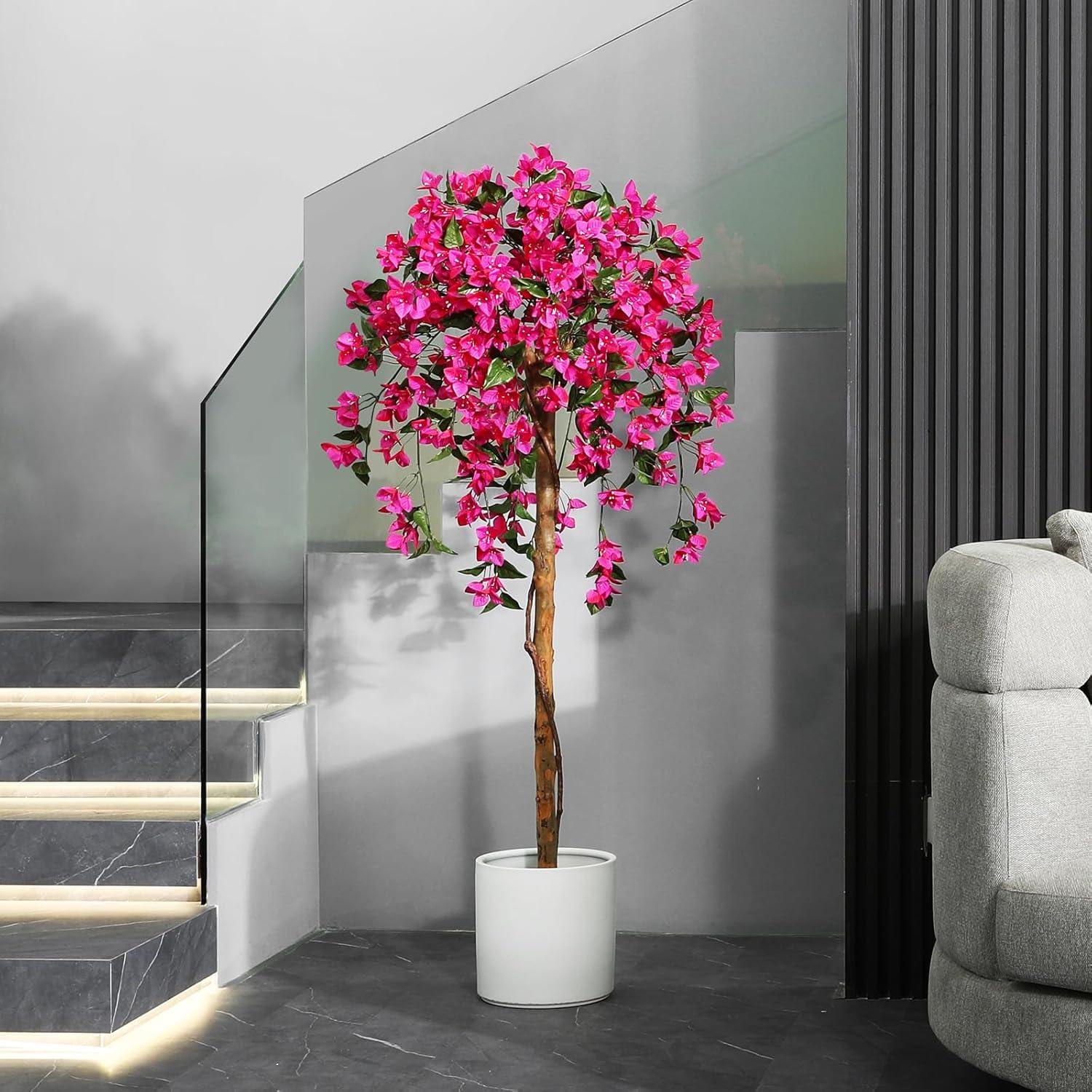 5FT Artificial Bougainvillea Tree Potted Fake Plant with Wood Trunk and Pink Flowers for Indoor Office Wedding Home Decor