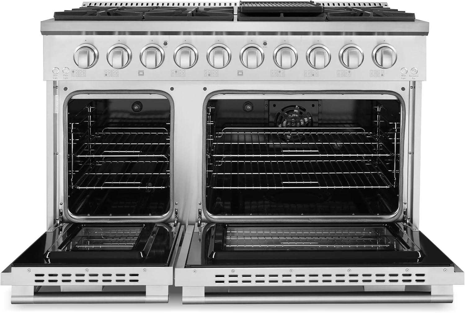 Cosmo COS-DFRP488K Cosmo 48 In. Lumin Collection 5.5 Cu. Ft. Double Oven Dual Fuel Range With 8 Burners, Cast Iron Grates In Stainless Steel