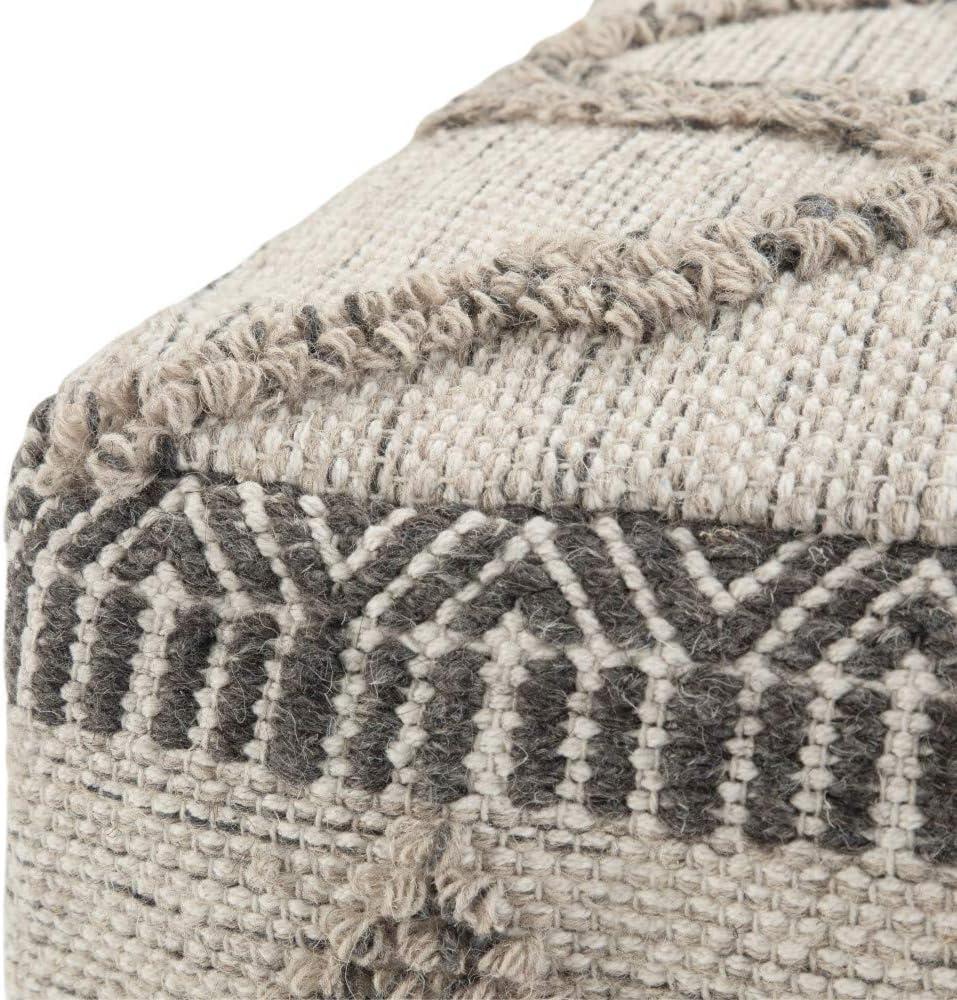 Sweeney Boho Handloom Woven Wool-Cotton Square Pouf in Grey Natural