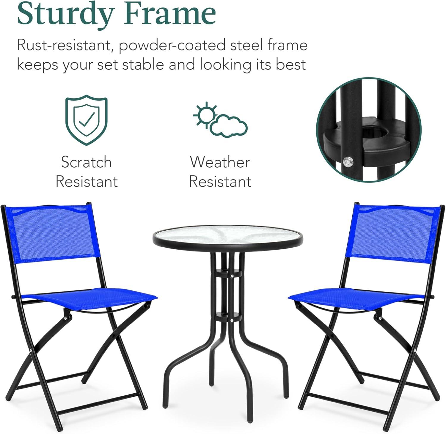 George Oliver 3-Piece Patio Bistro Dining Furniture Set W/ Glass Tabletop, Folding Chairs