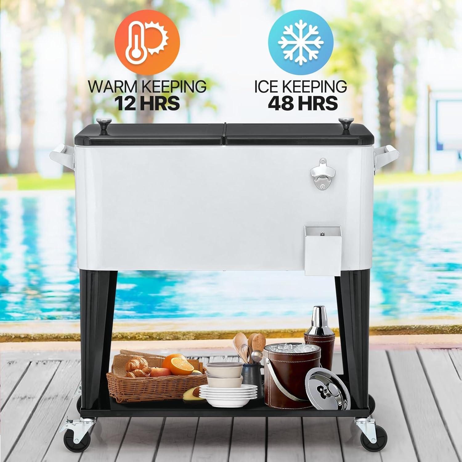 MADOG Portable Rolling Cooler Cart 80 Quart, Ice Chest Cart Trolley on Wheels Outdoor Beverage Cooler Ice Chest with Ice Scoop, Catch Tray, Drain Plug and Bottle Opener, White