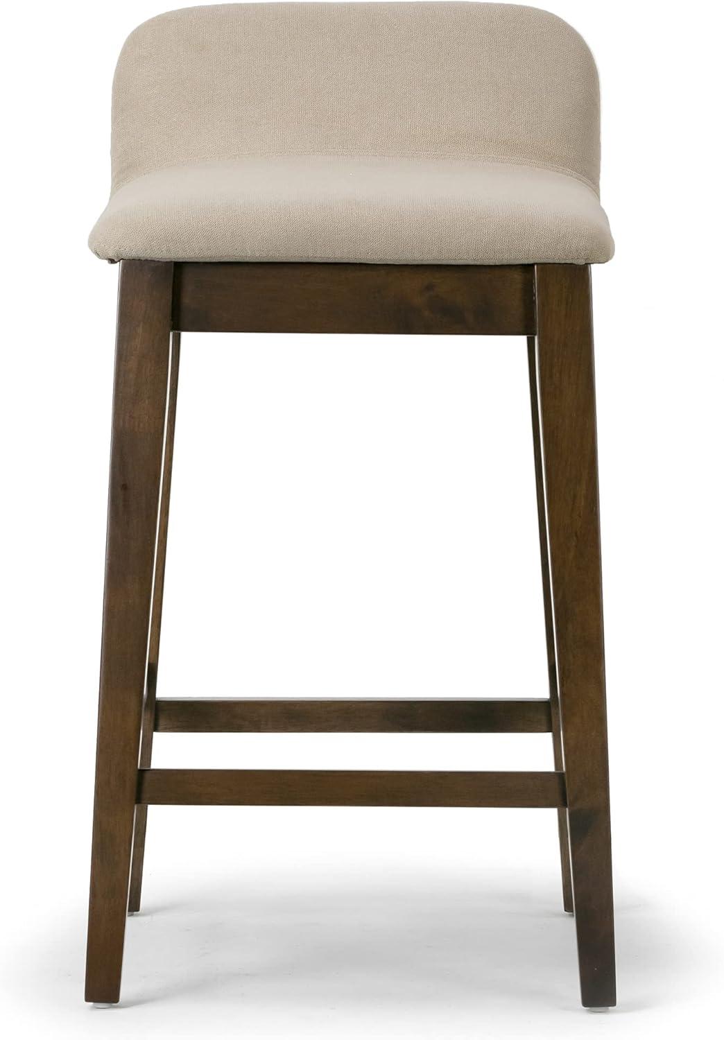 Set of 2 Dark Brown Wood Counter Stools with Beige Fabric Seats