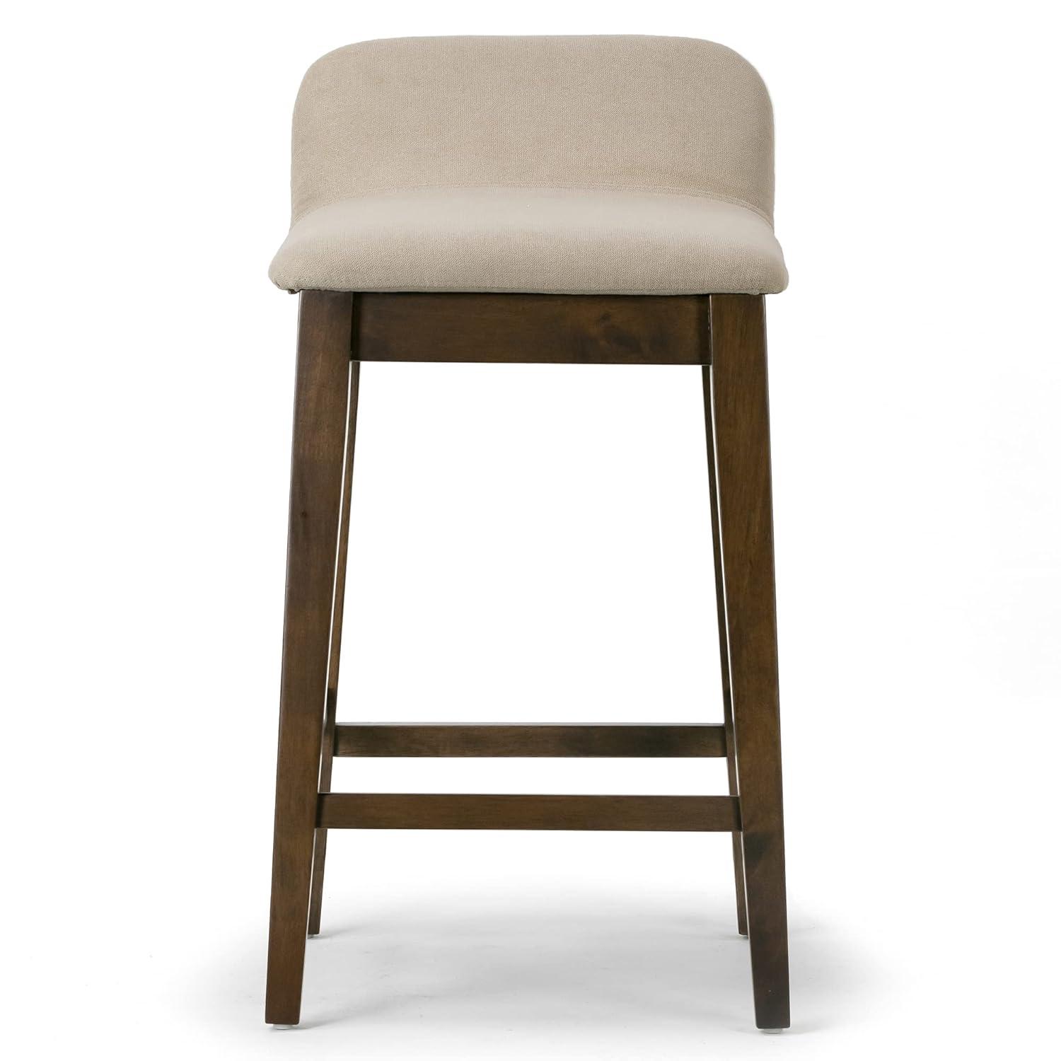 Set of 2 Dark Brown Wood Counter Stools with Beige Fabric Seats