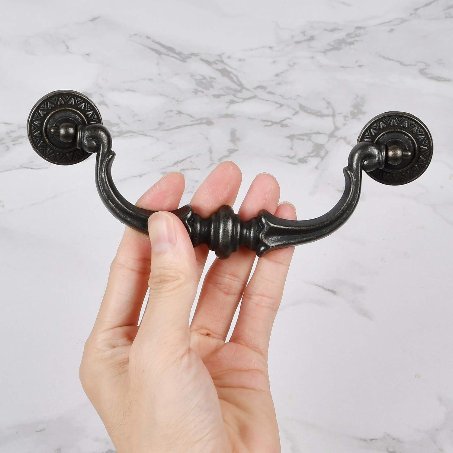 Supkiir 6 Pack Drawer Pulls Handles, 5.5" Hole Center Vintage Antique Black Kitchen Cabinet Knobs Drop Bail Pulls Handles 6.7" Total Length