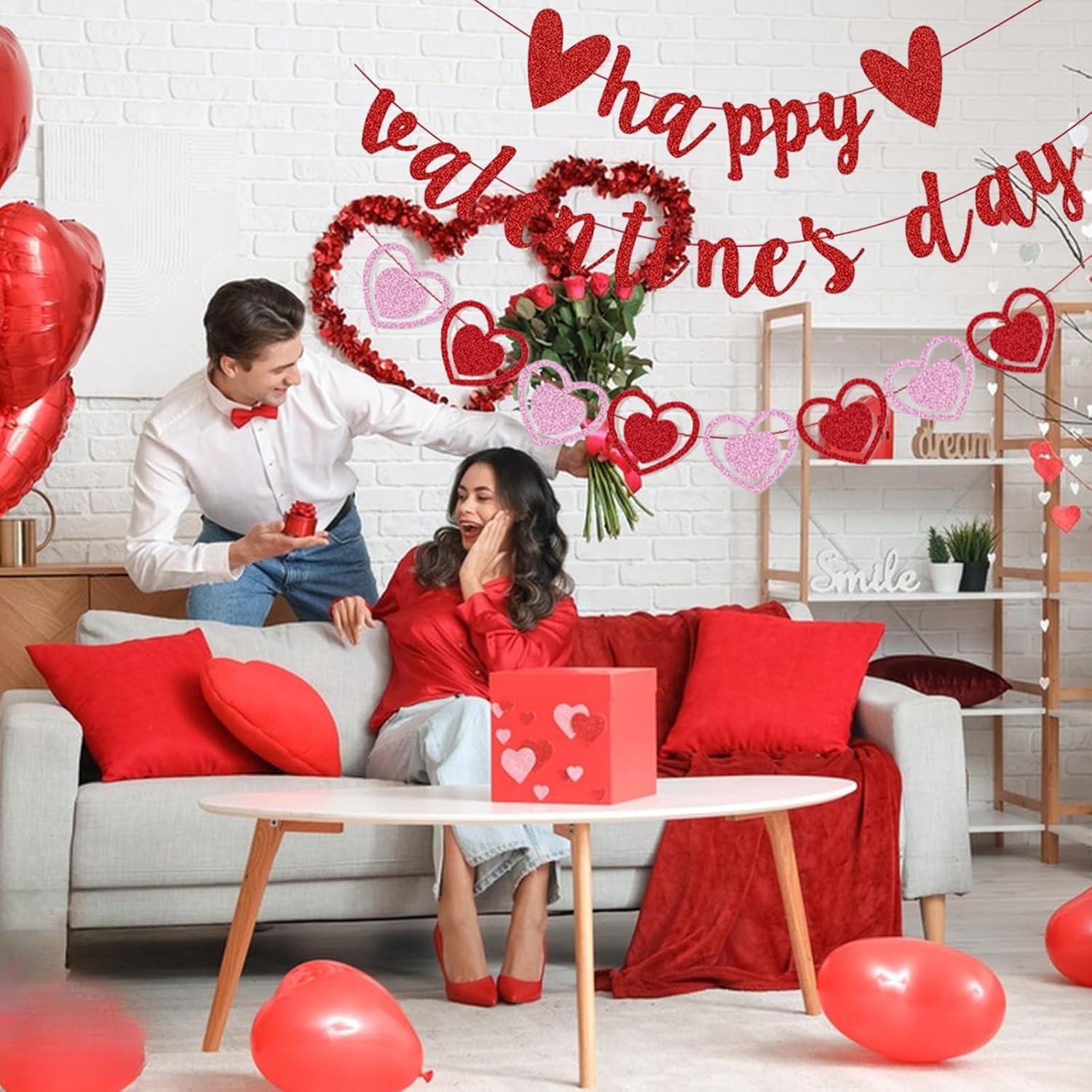 Glittery Heart Valentine's Day Banner, Red & Pink Sparkling Hollow Heart Shape DIY Paper Banner for Wedding Decoration