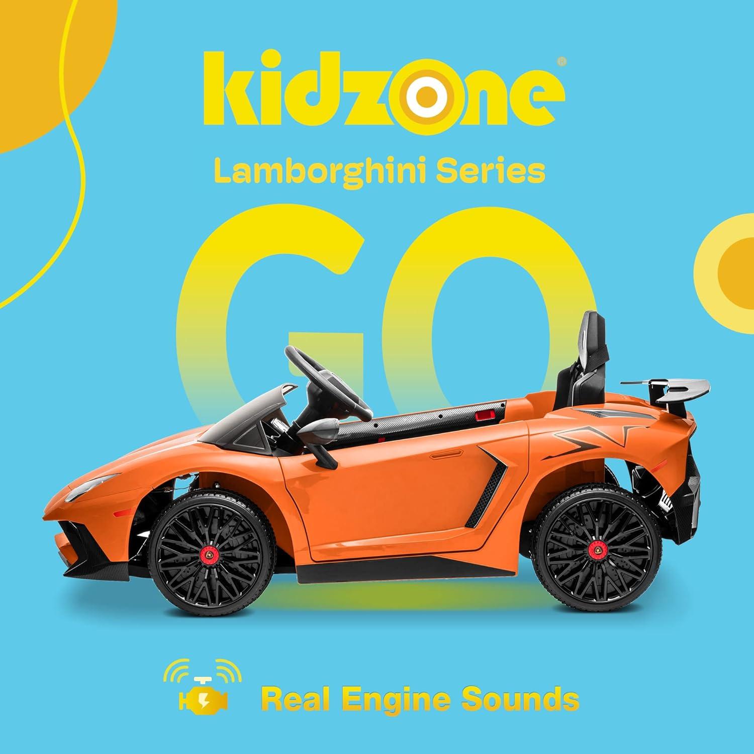 Kidzone Kids Electric Ride On 12V Licensed Lamborghini Aventador SV Battery Powered Sports Car Toy W/ 2 Speeds, Parent Control, Sound System, LED Headlights & Hydraulic Doors, Orange