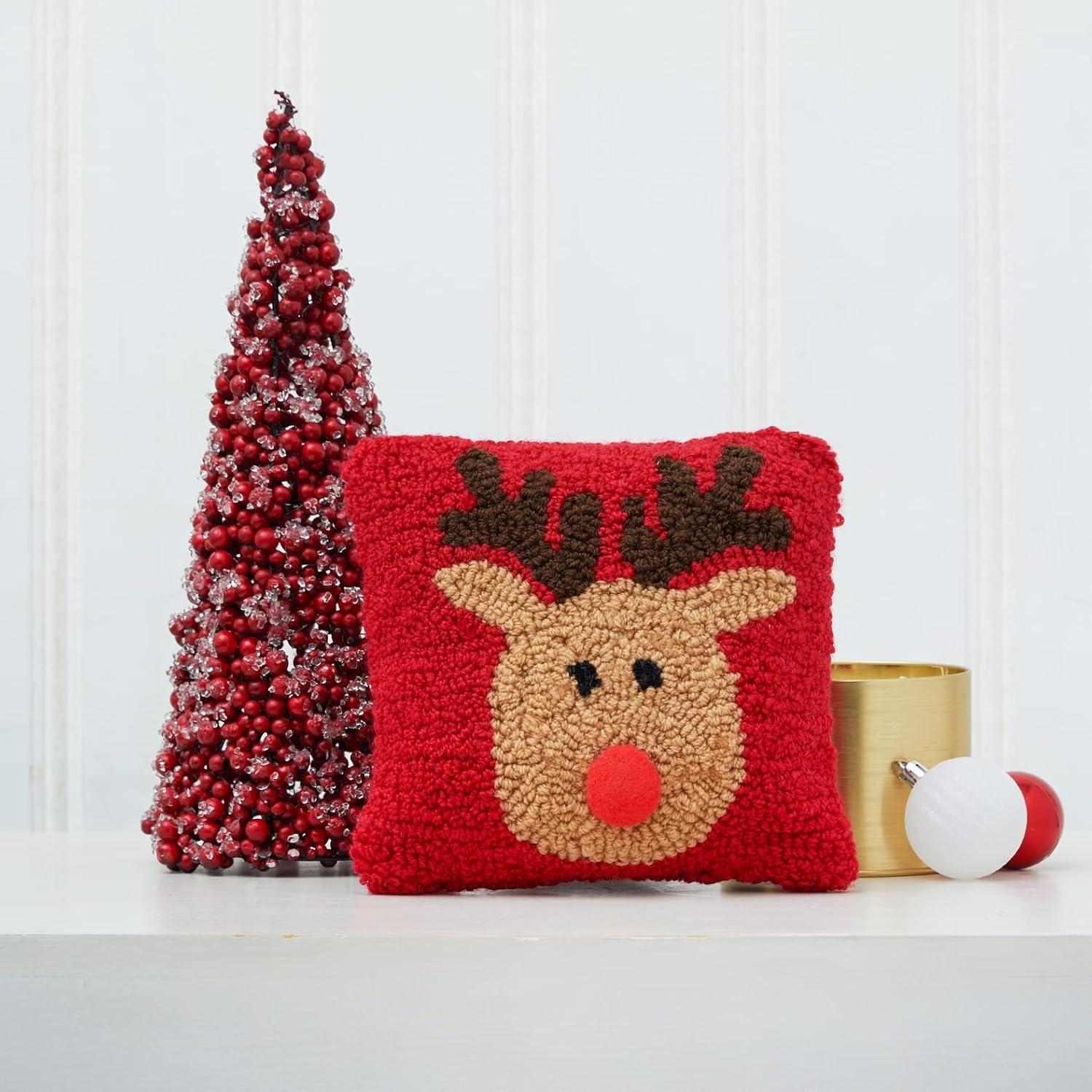 Reindeer Games Reindeer with Red Nose on Red Background Petite Accent Hooked Christmas Pillow